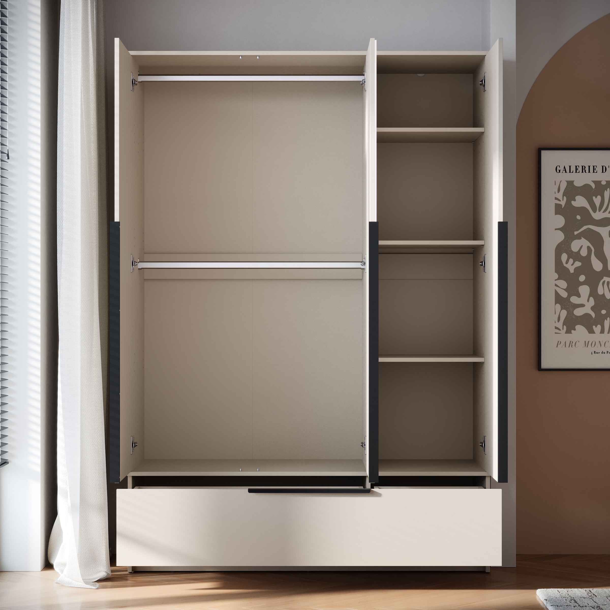 Home affaire Kleiderschrank »Spirit Kleiderschrank mit Spiegel, Schublade und 2 Kleiderstangen« Mit schwarzen Metallgriffen – viel Stauraum und flexible Aufteilung