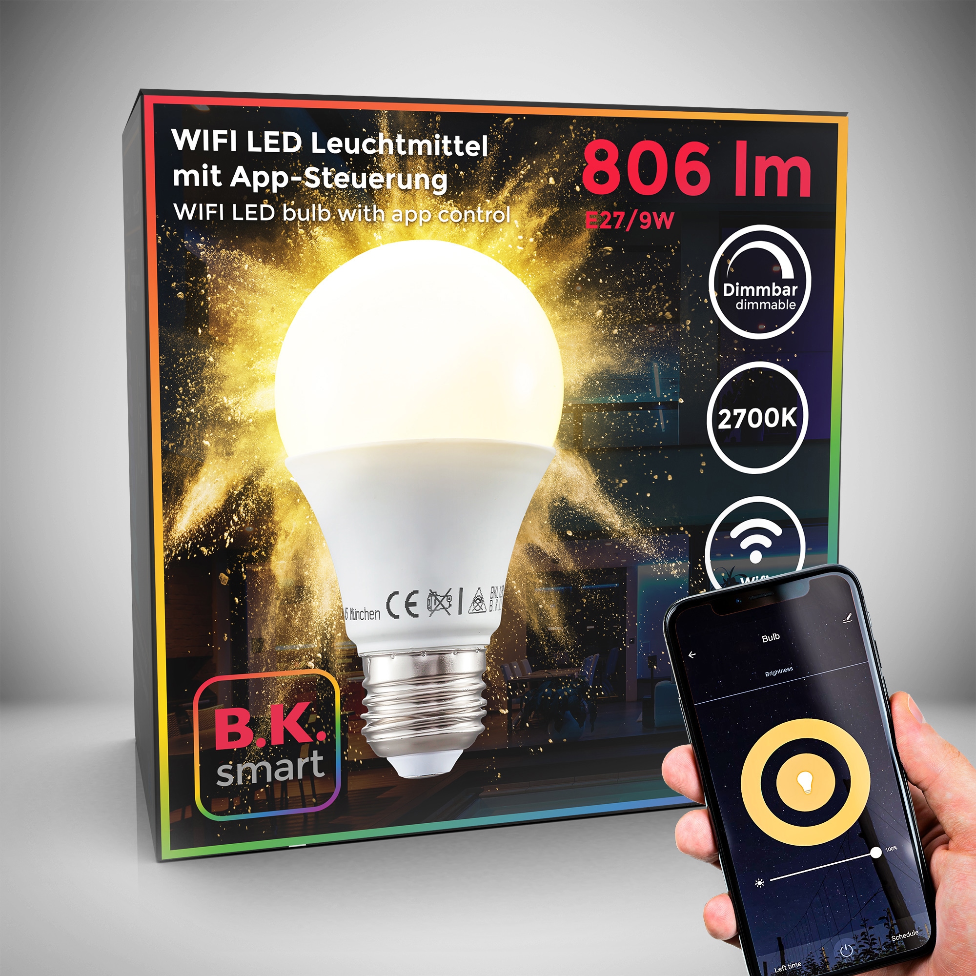 B.K.Licht LED-Leuchtmittel, E27, 1 St., Warmweiß, Smart Home LED-Lampe, RGB, WiFi, App-Steuerung, dimmbar