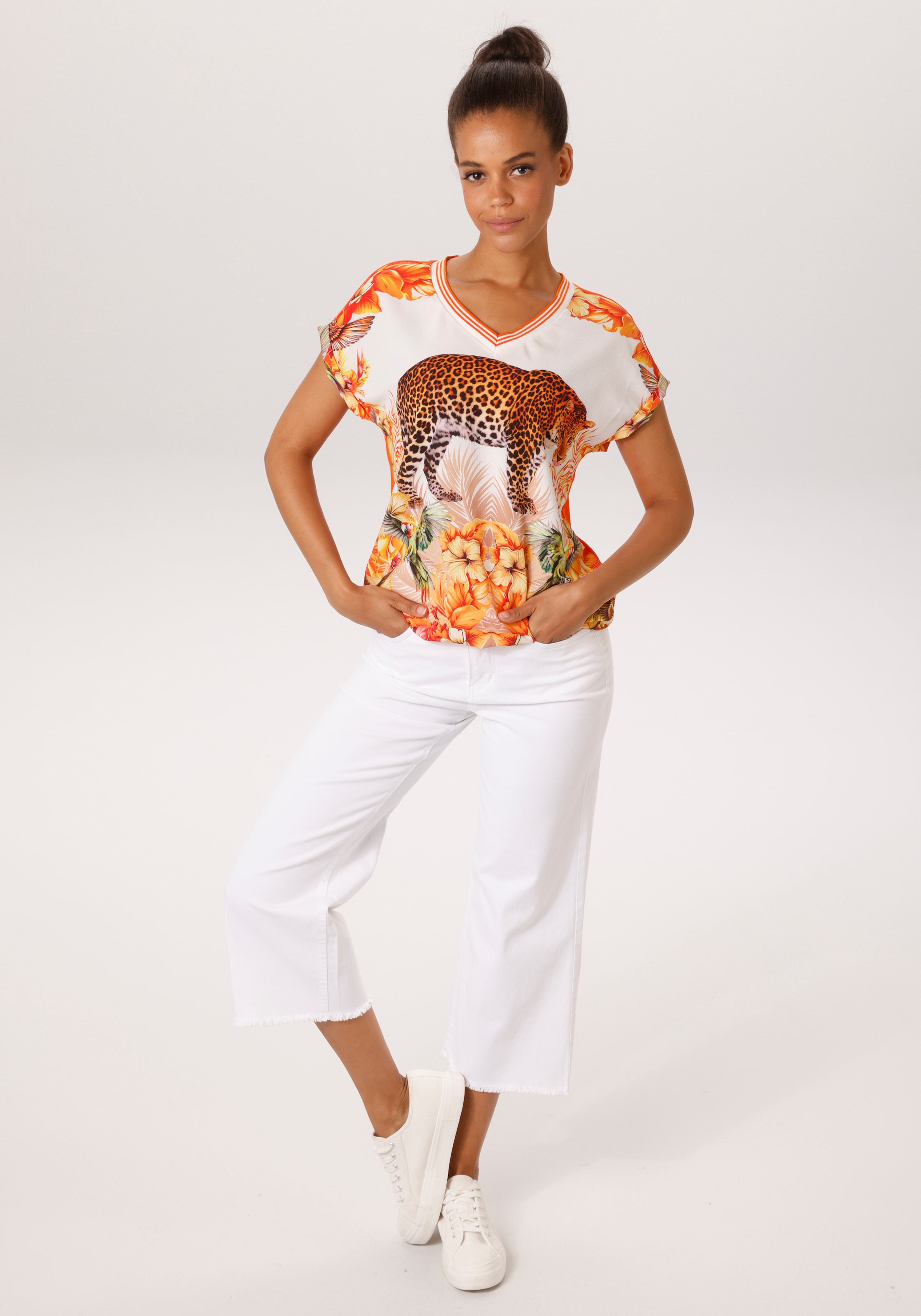 Aniston CASUAL Shirtbluse mit Leopard, tropischen Vögeln, Blüten und Blättern - NEUE KOLLEKTION