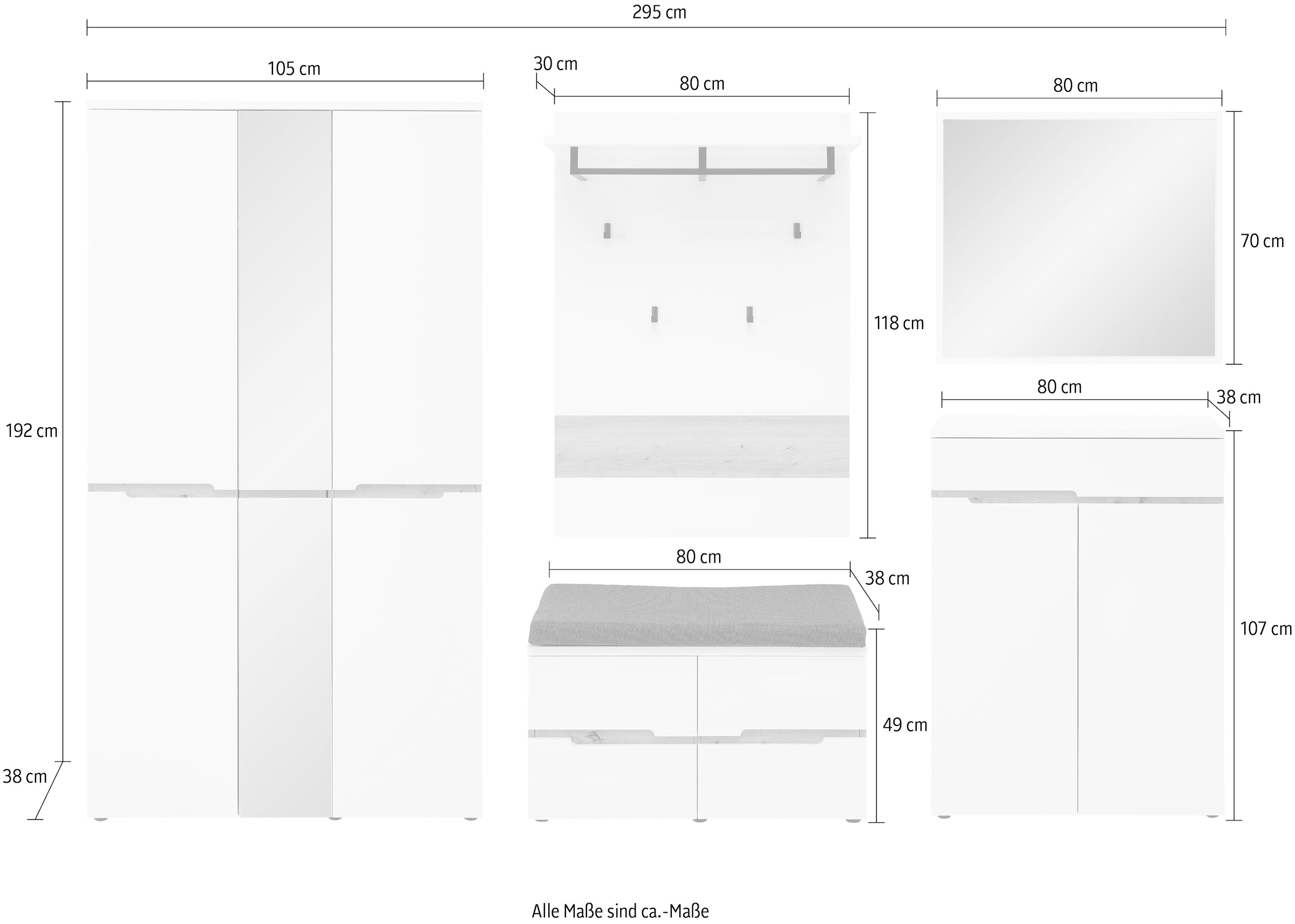 Innostyle Garderoben-Set »Memphis Garderoben Set, 295x192x38cm (B/H/T)«, (5 St.)