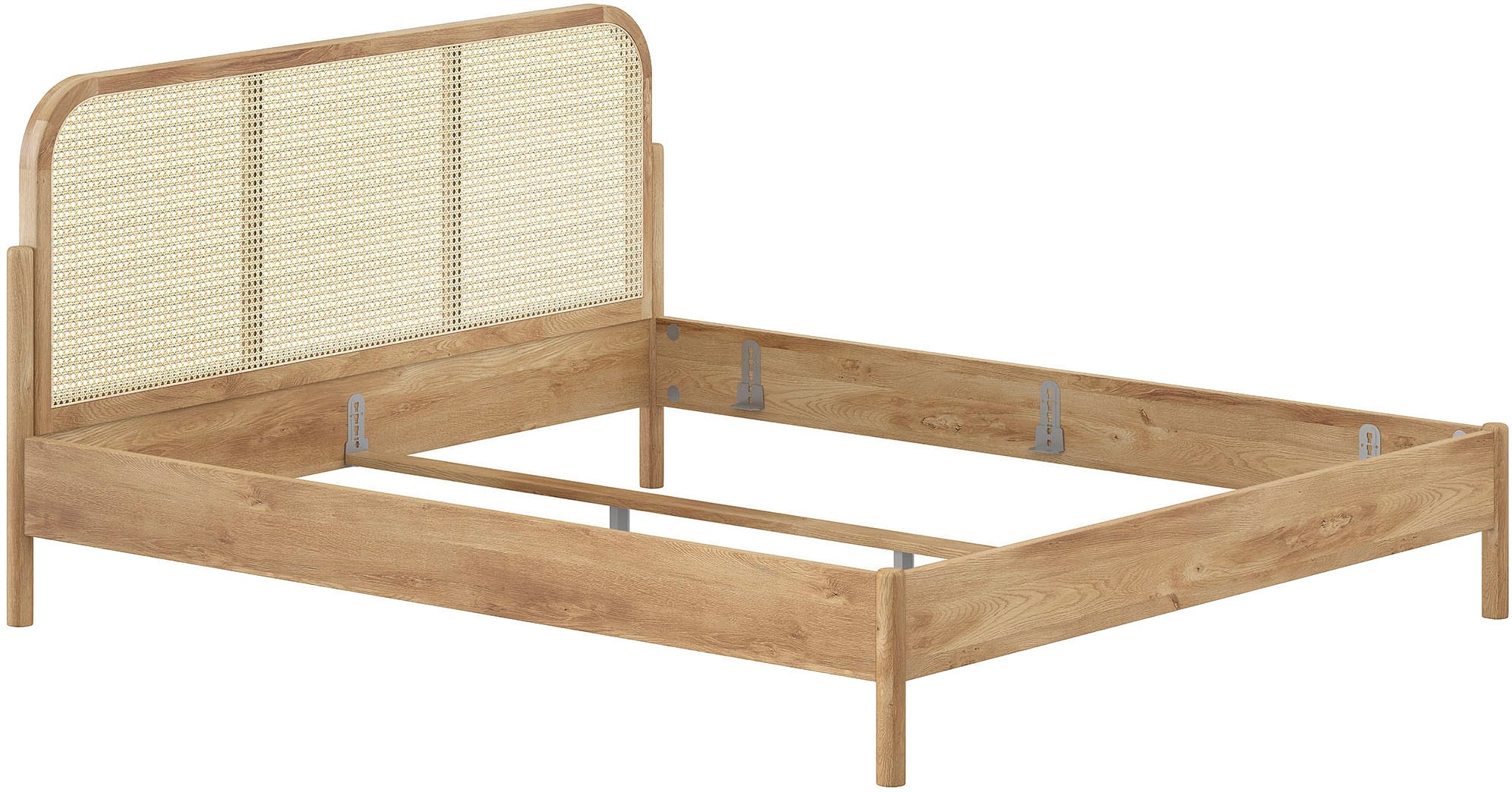 Home affaire Bettgestell »Olive, Bettpfosten Eiche massiv und furnierten Bettseiten« mit hochwertigem Rattan-Geflecht Kopfteil, Rahmen Eiche massiv,  ohne Lattenrost, mit höhenverstellbarem Rahmenbeschlag, zwei Breiten