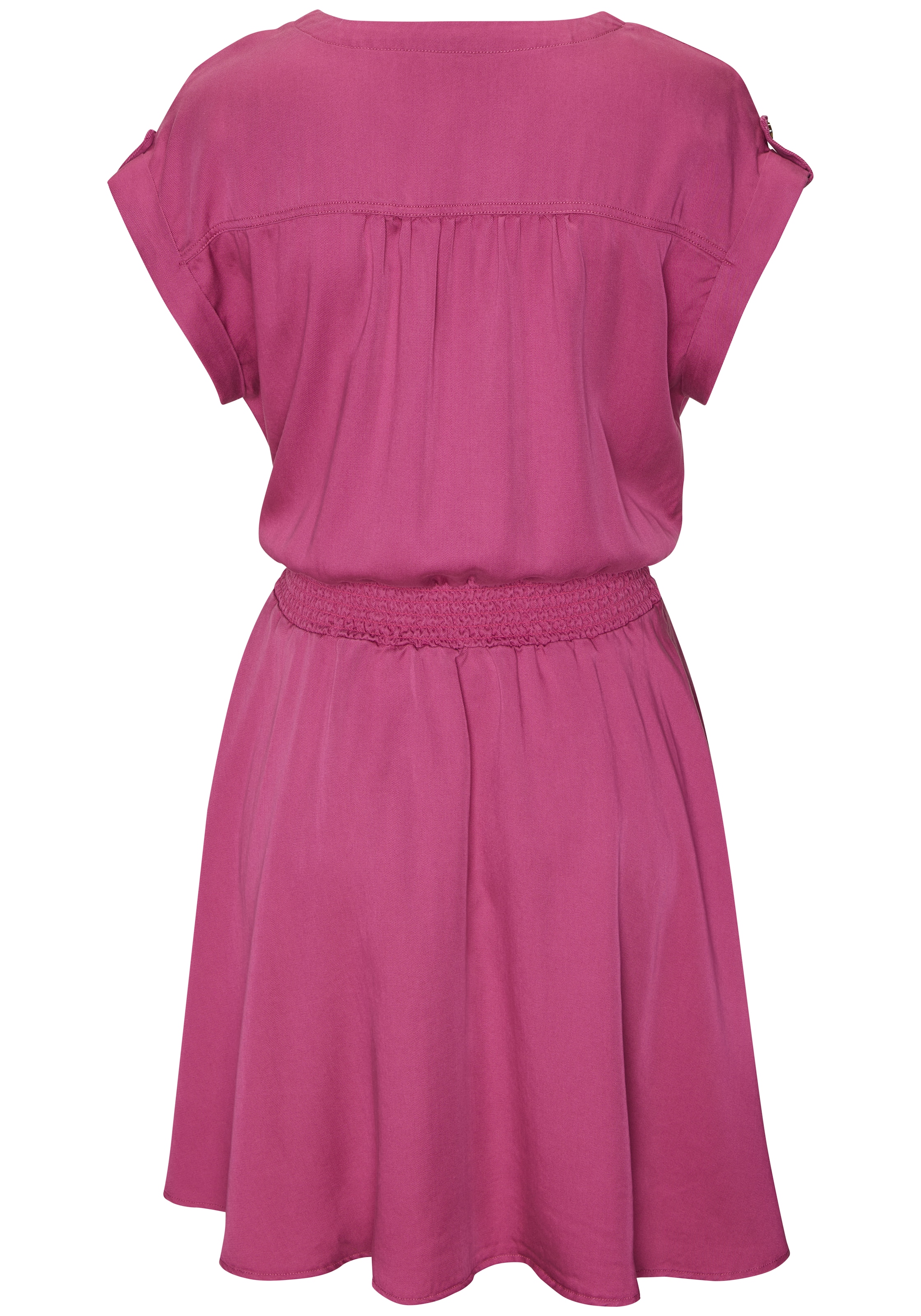 Buffalo Sommerkleid »mit V-Ausschnitt aus weicher Lyocellware« Seitennahttaschen kurzes Kleid, figurumspielendes Sommerkleid, Strandkleid, Tunikakleid