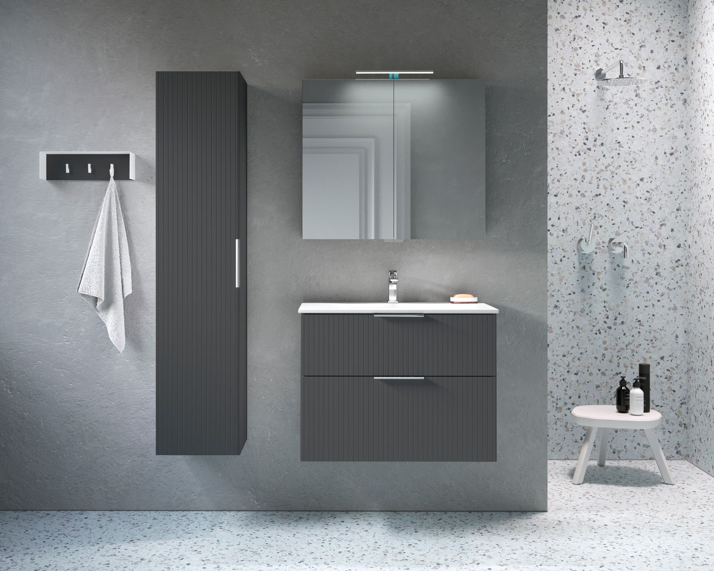 welltime Waschtisch »G-Line«, mit Keramik Waschbecken, Schubladen mit Softclose, trendig geriffelt