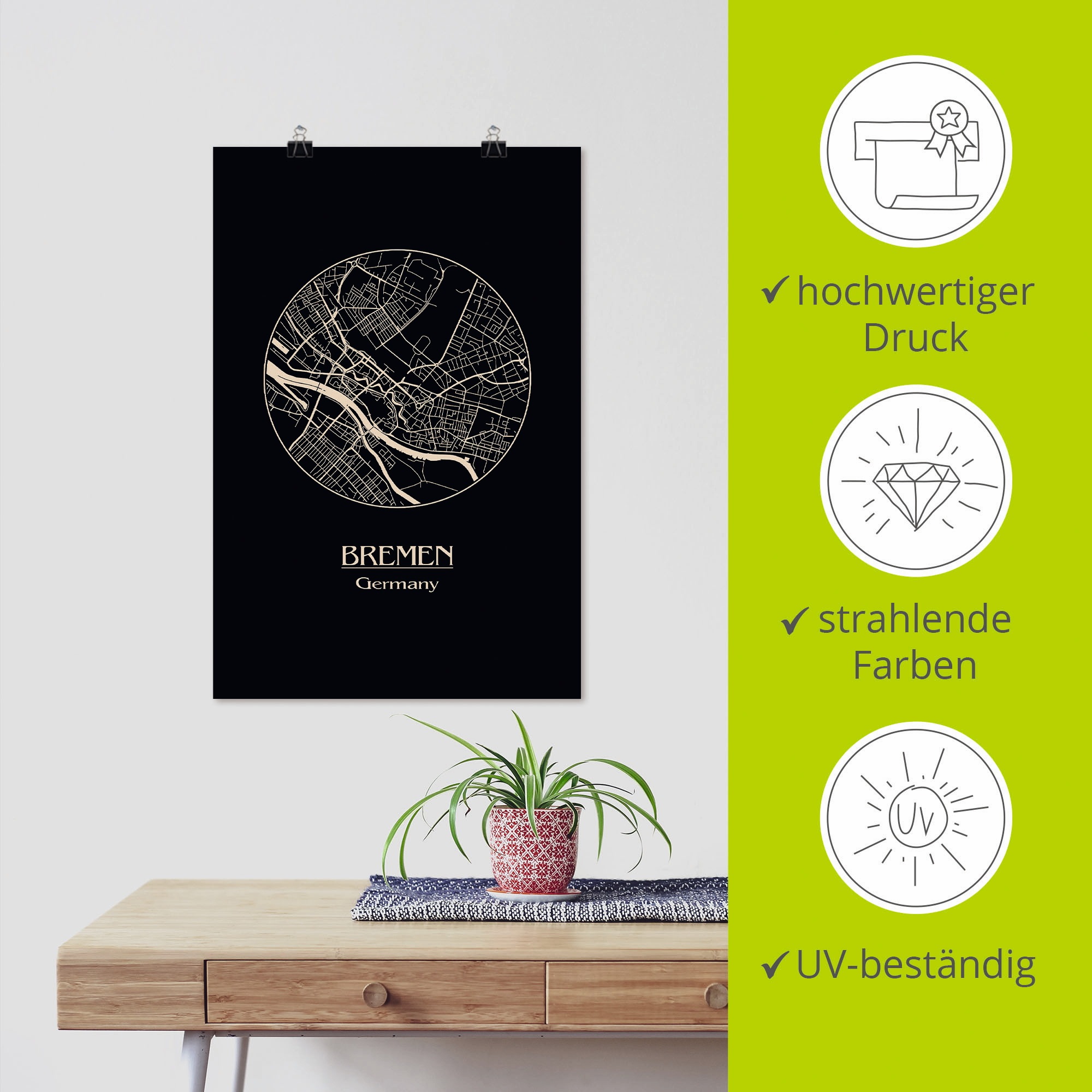 Artland Wandbild »Retro Karte Bremen Deutschland Kreis«, Deutschland, (1 St.), als Leinwandbild, Poster in verschied. Größen