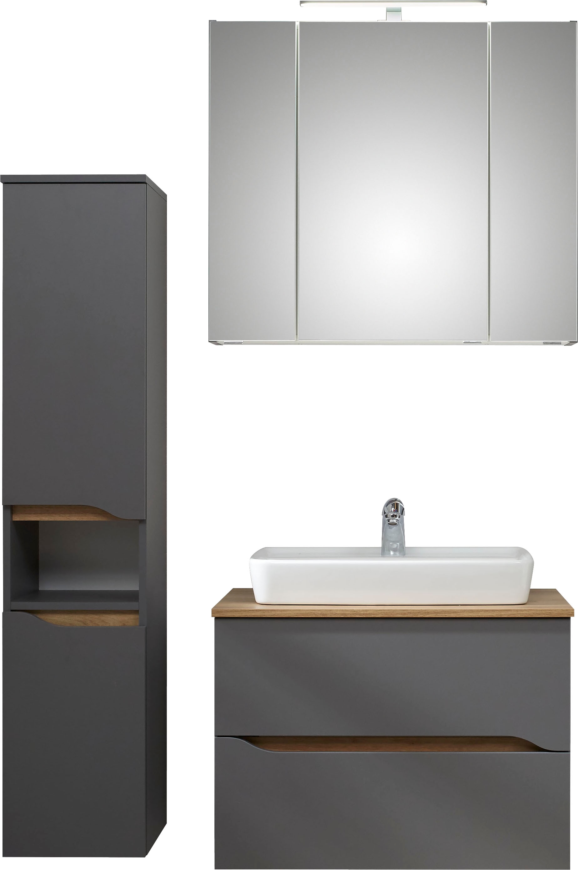 Saphir Badmöbel-Set »Quickset 3-teilig, Keramik-Aufsatzbecken mit LED-Spiegelschrank« 3 Stk. tlg.