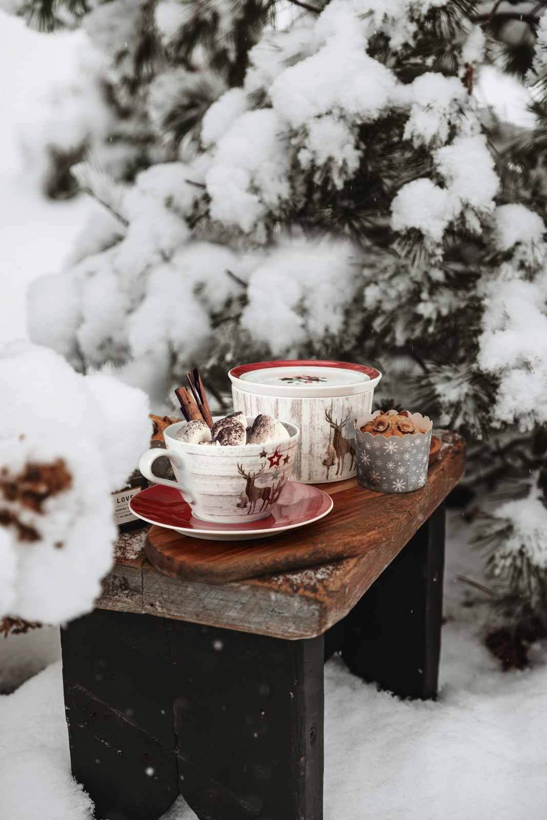 Seltmann Weiden Tasse »Milchkaffeetassen mit Untertassen Life Christmas 370 ml 6er Set weiß-braun« Spülmaschinengeeignet, Mikrowellengeeignet, Ofenfest, Salamandergeeignet, Kühlschrankgeeignet, Gefrierschrankgeeignet