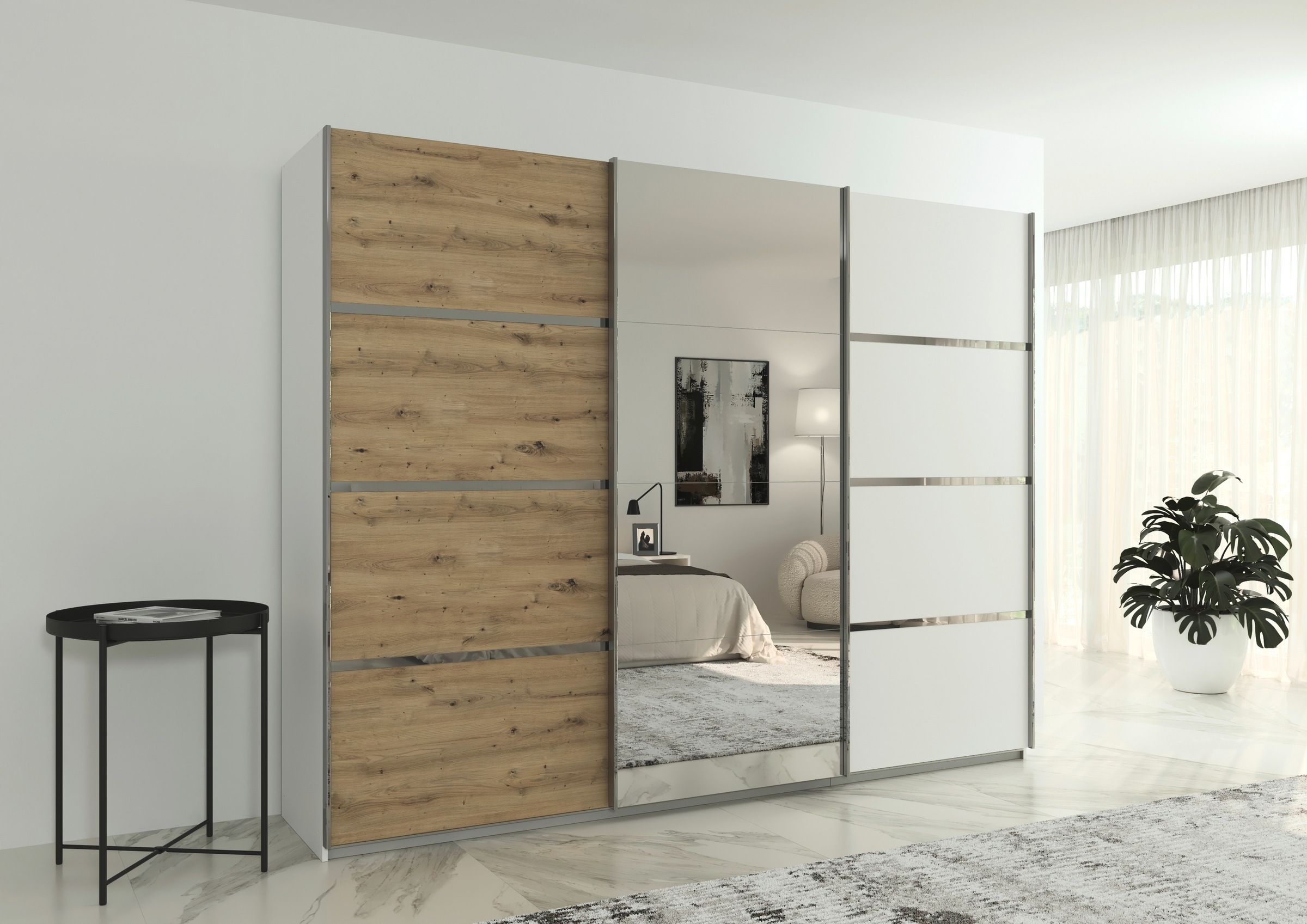 rauch Kleiderschrank »Schwebetürenschrank OTTO´s Choice Garderobe Schrank TOP ANGEBOT Avola«, (in 3 verschiedenen Ausstattungen BASIC/CLASSIC/PREMIUM inkl. Spiegel), mit eleganten Zierleisten in Chrom, Schwarz oder Weiß MADE IN GERMANY