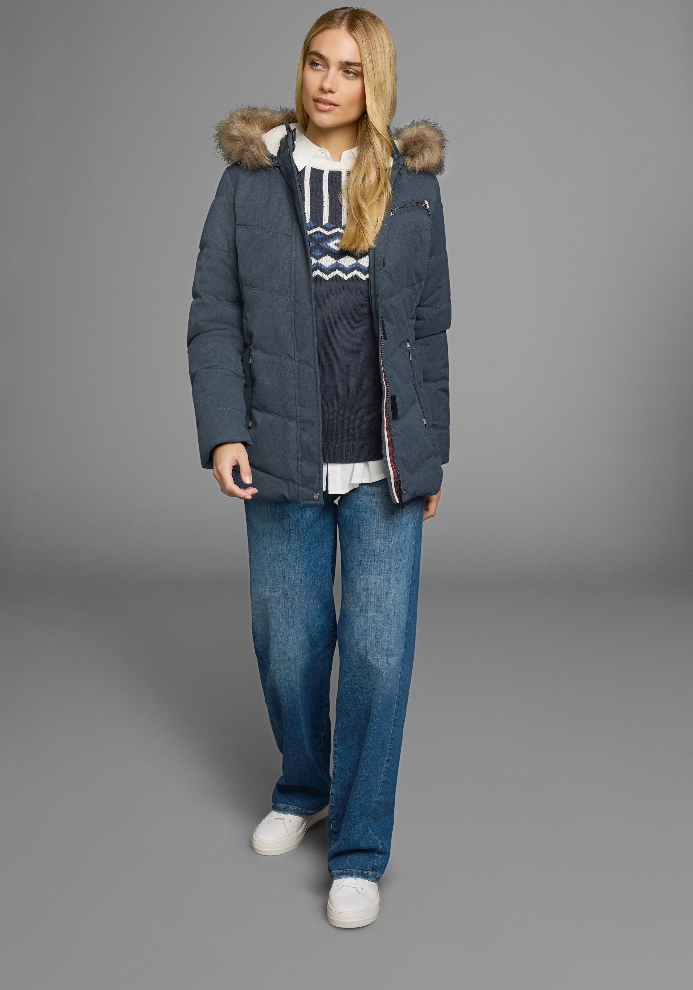 Polarino Steppjacke, mit Kapuze, mit abnehmbarer Kapuze, mit Fellimitat, viele Taschen