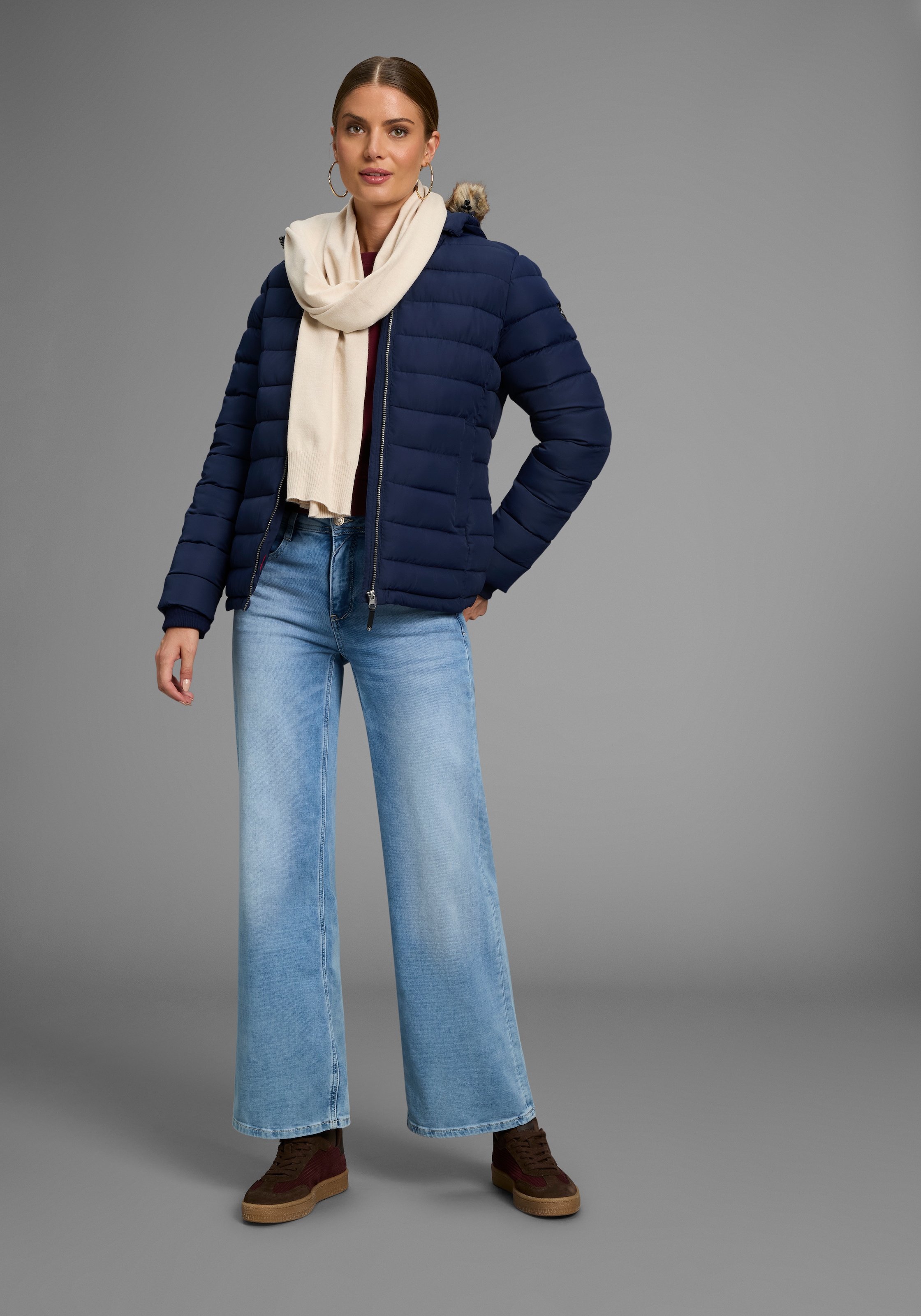 Polarino Steppjacke, mit Kapuze, Kapuze mit Fellimitat zum Abnehmen