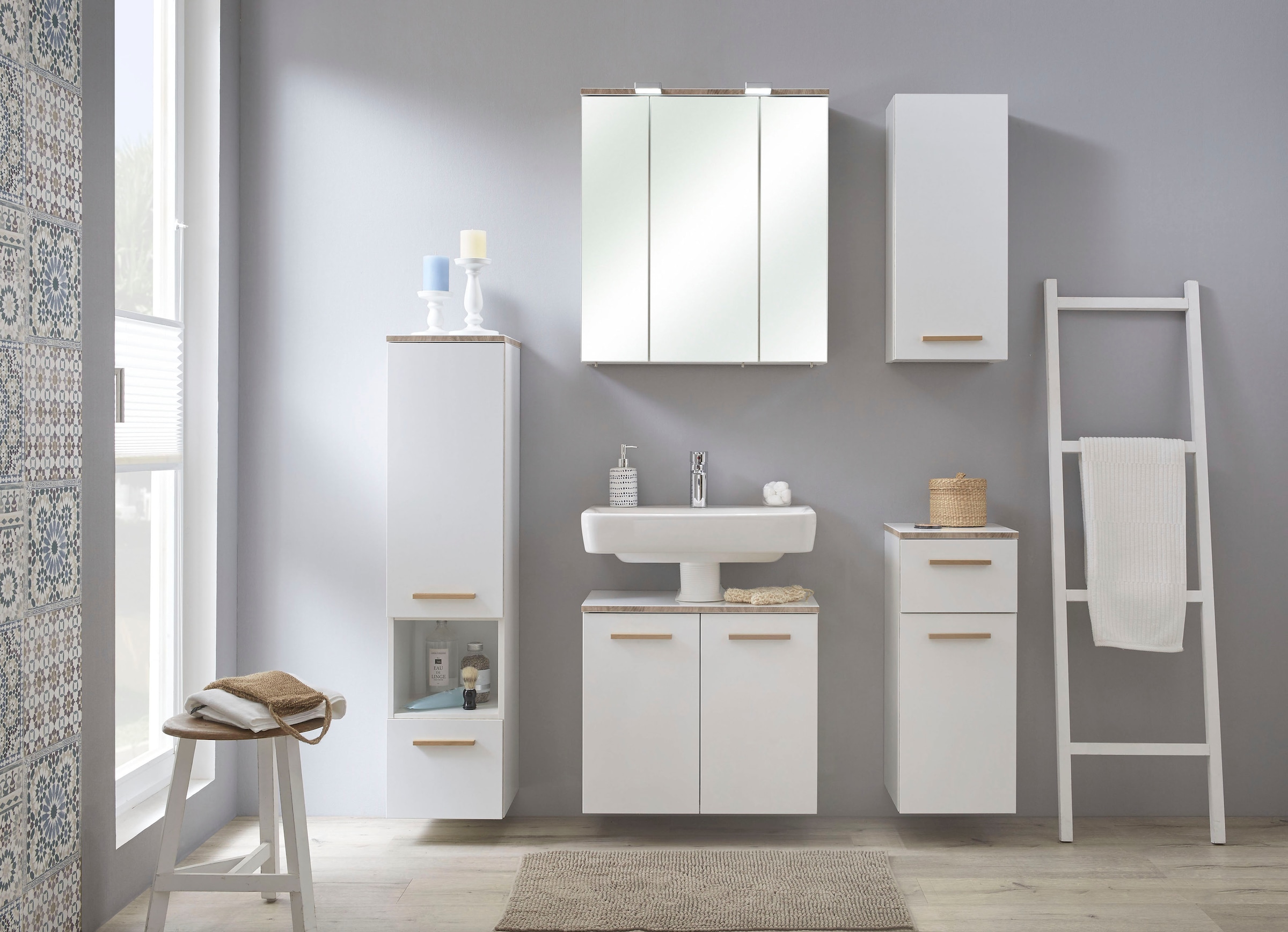 Saphir Unterschrank »Quickset 931 Badschrank in Weiß Glanz, 1 Tür, 1 Schublade, 30 cm breit« Badezimmer-Unterschrank inkl. Türdämpfer, Holzgriff Eiche