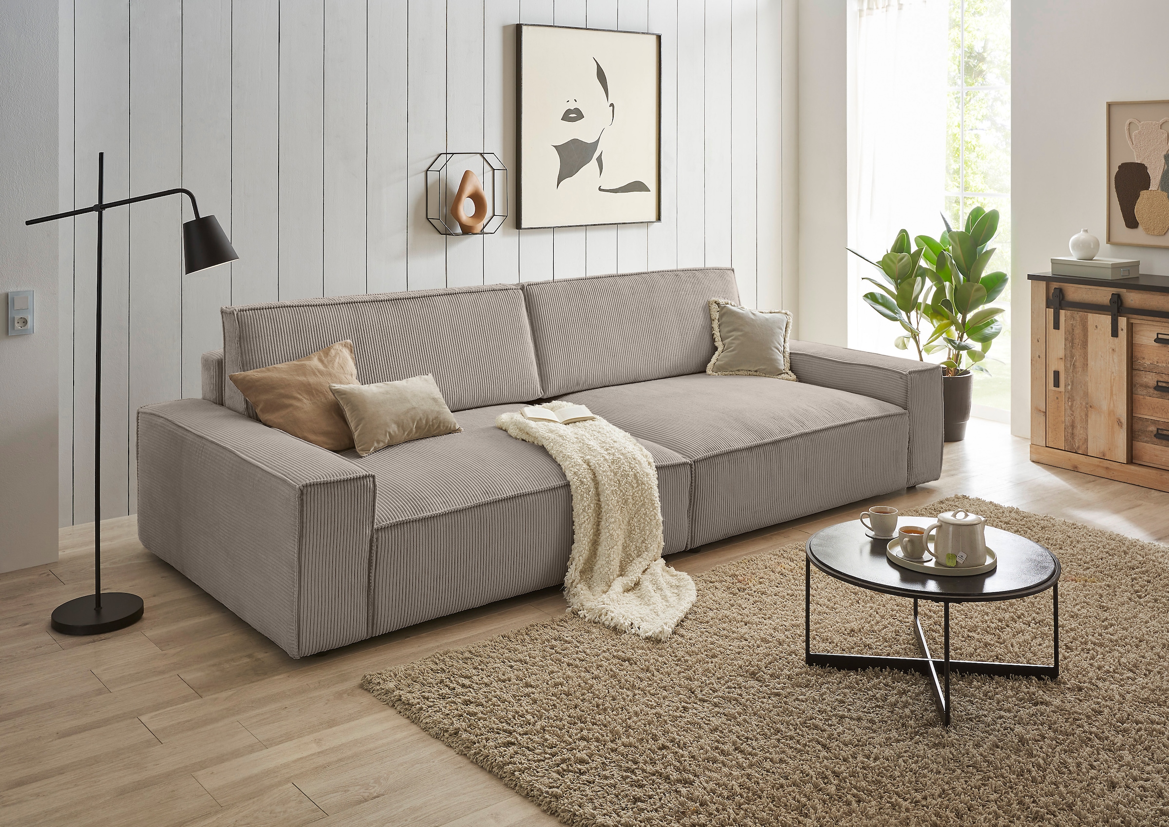 Home affaire Big-Sofa »NEU: SHERWOOD XXL, Big-Sofa (316cm), extra tiefe Sitzfläche 95 cm«, bequemer Sitzkomfort, Cord u. Leinenoptik, Kedernaht