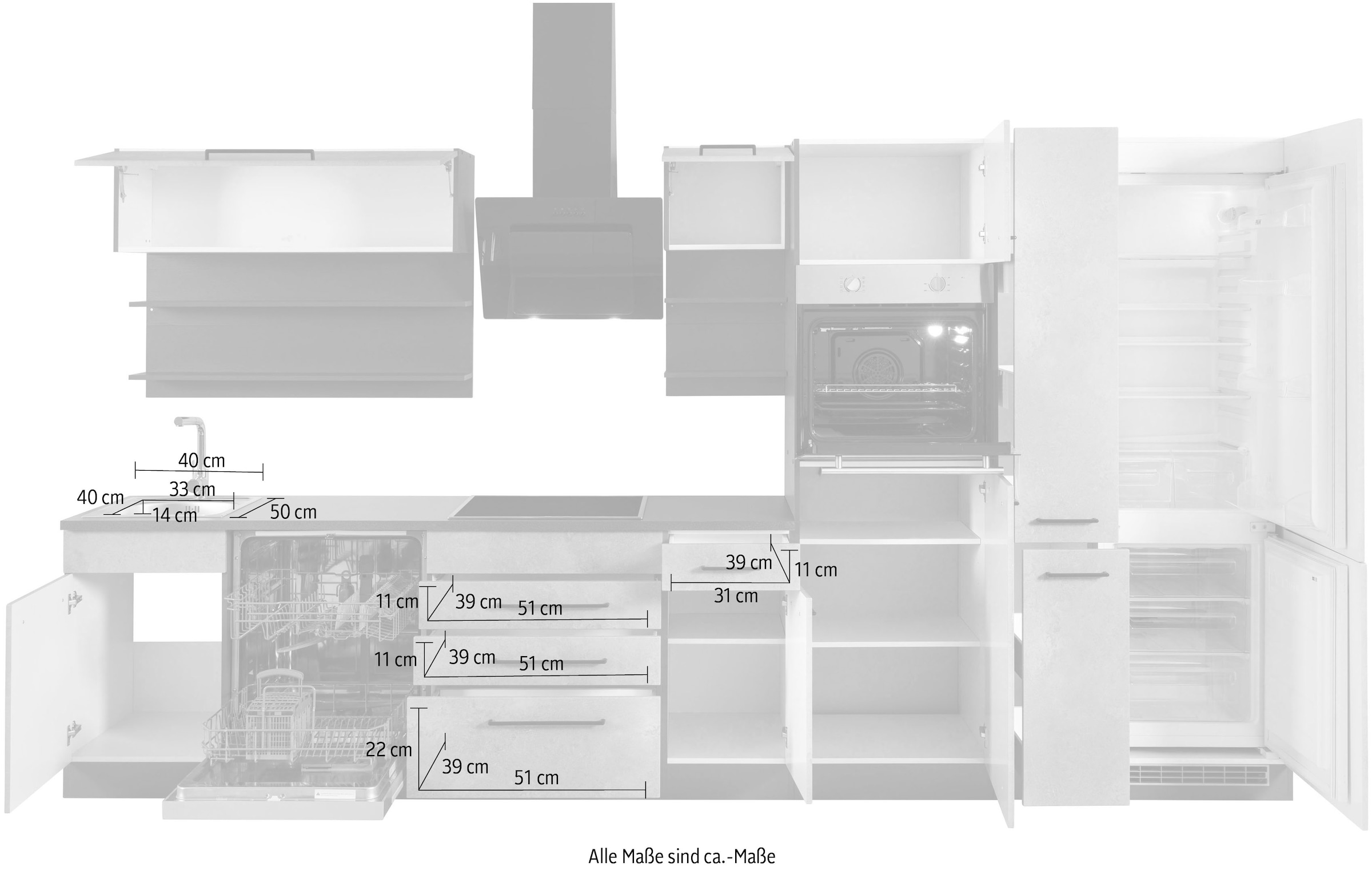 KOCHSTATION Küchenzeile »KS-Tulsa«, mit E-Geräten, Breite 360 cm, schwarze Metallgriffe, MDF Fronten