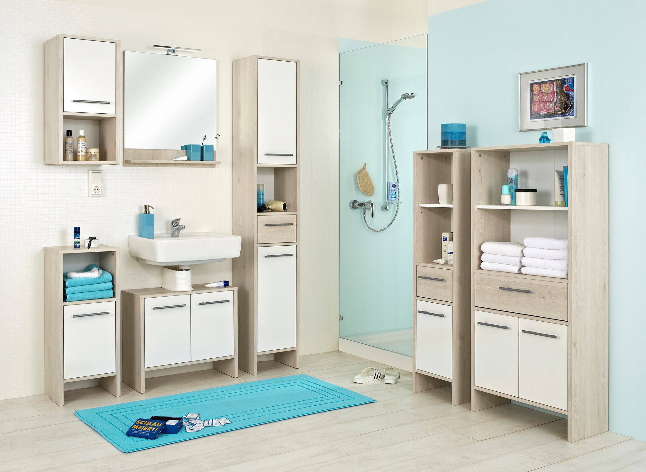 Saphir Hochschrank »Quickset 350 Badschrank 33 cm breit, 2 Türen, 1 Schublade, 1 Nische« 1 Stk. tlg. Badezimmer-Hochschrank, Pinie Ida hell, Griffe alufarbig