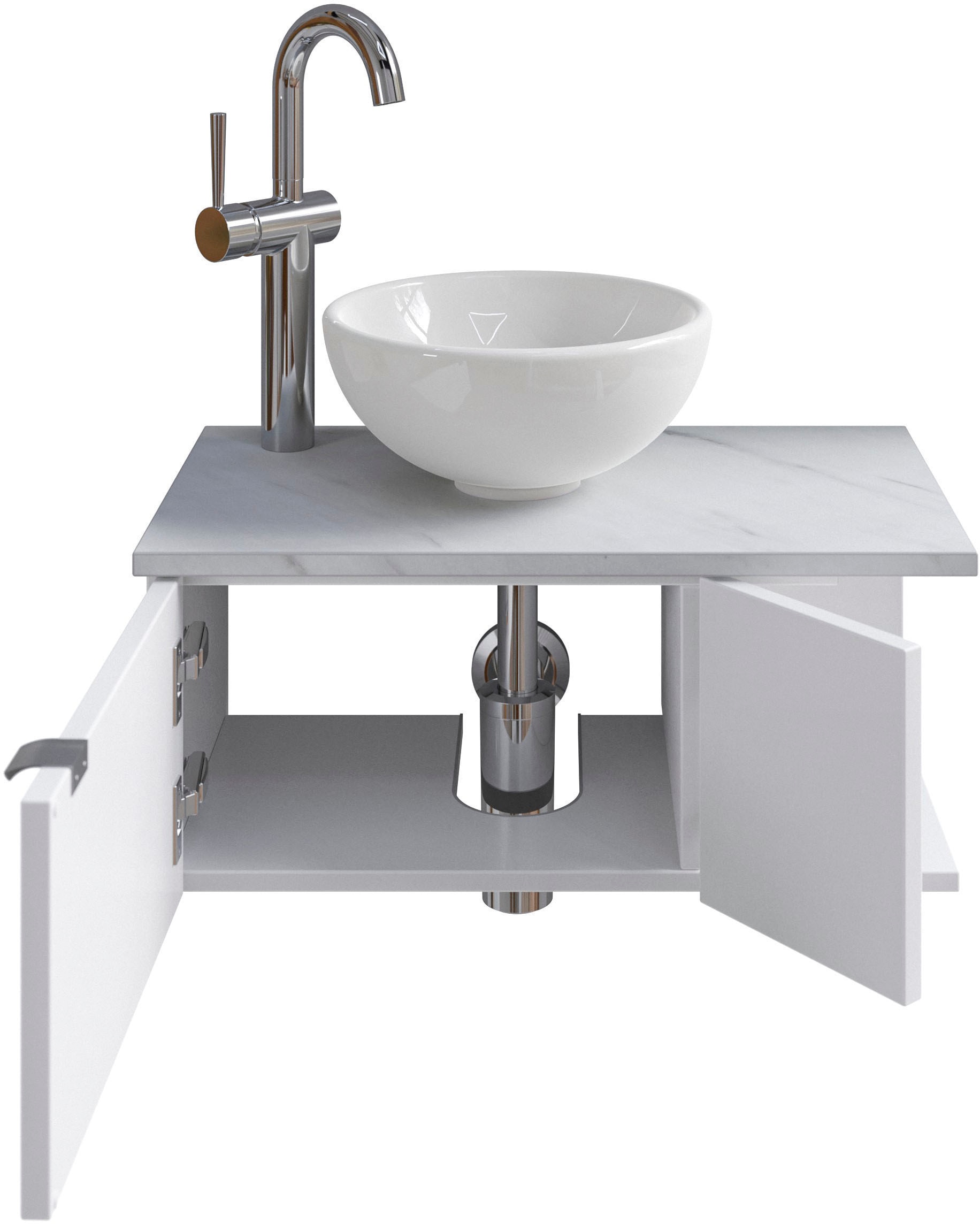 Saphir Waschtisch »Serie 6915 Waschschale mit Unterschrank für Gästebad, Gäste WC« Keramik-Aufsatzbecken, Waschtischplatte, Waschtischunterschrank, 3 Stk. tlg. 61 cm breit, 2 Türen, offenes Fach, kleine Bäder, ohne Armatur