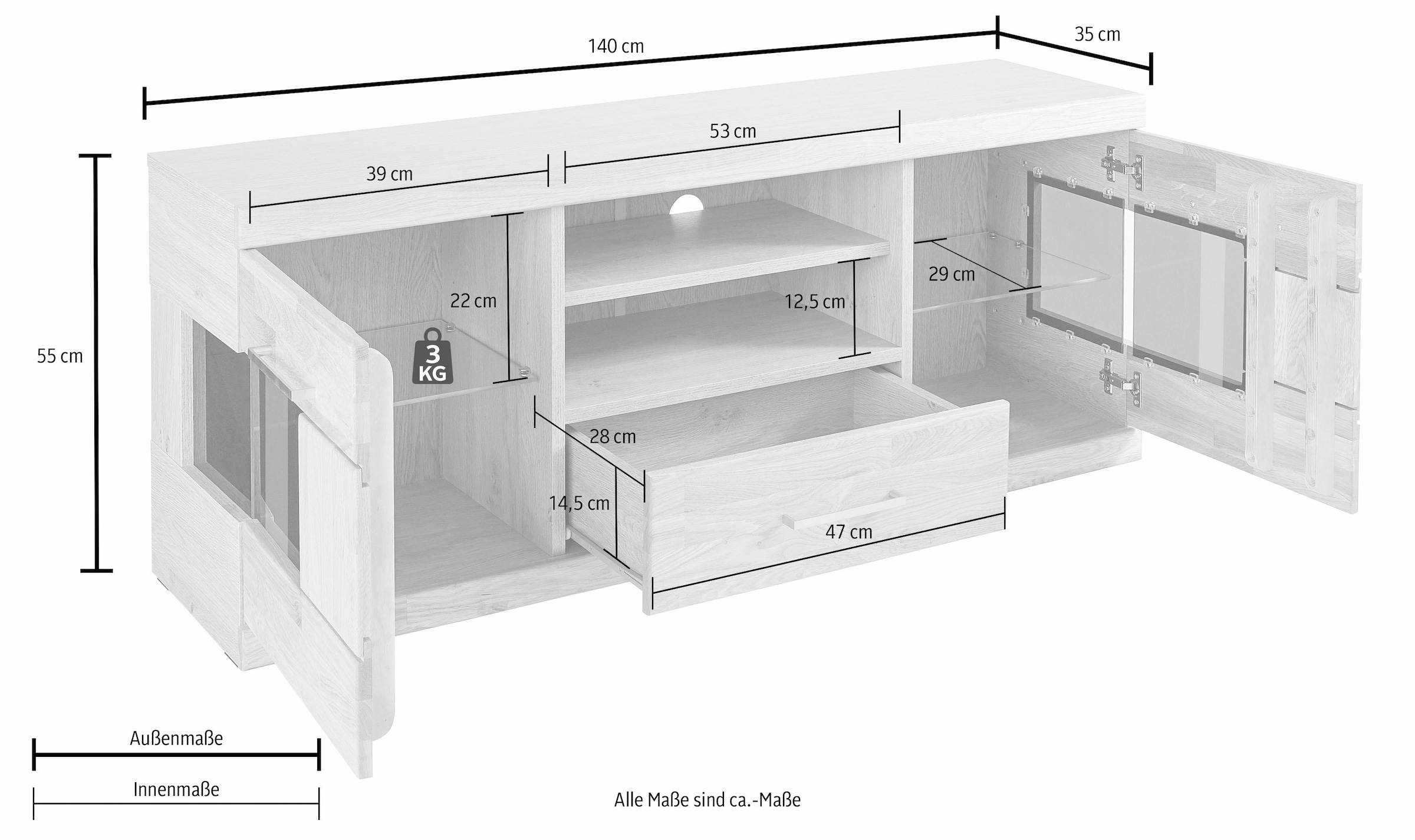 Home affaire Lowboard »Ribe,140cm breit, Fronten Massivholz,6 Fächer,Kabeldurchführung«, Korpus Holzwerkstoff,Glaseinsatz aus gehärtetem Glas,Böden versetzbar