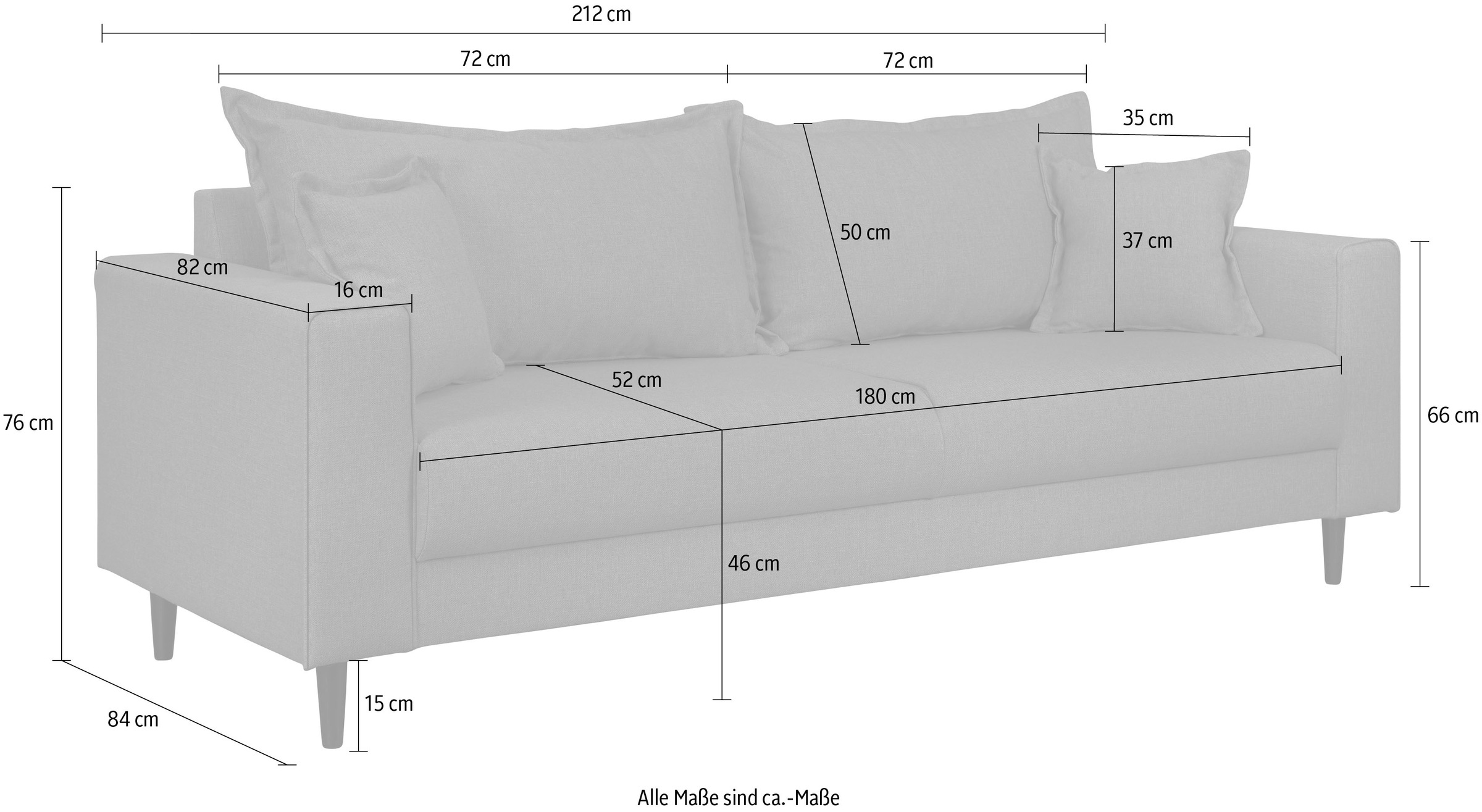 Home affaire 3-Sitzer »VEYRAS, hoher Sitzkomfort, Maße B/T/H: 212/84/76 cm«, mit Wellenunterfederung, incl. Rückenkissen und Zierkissen