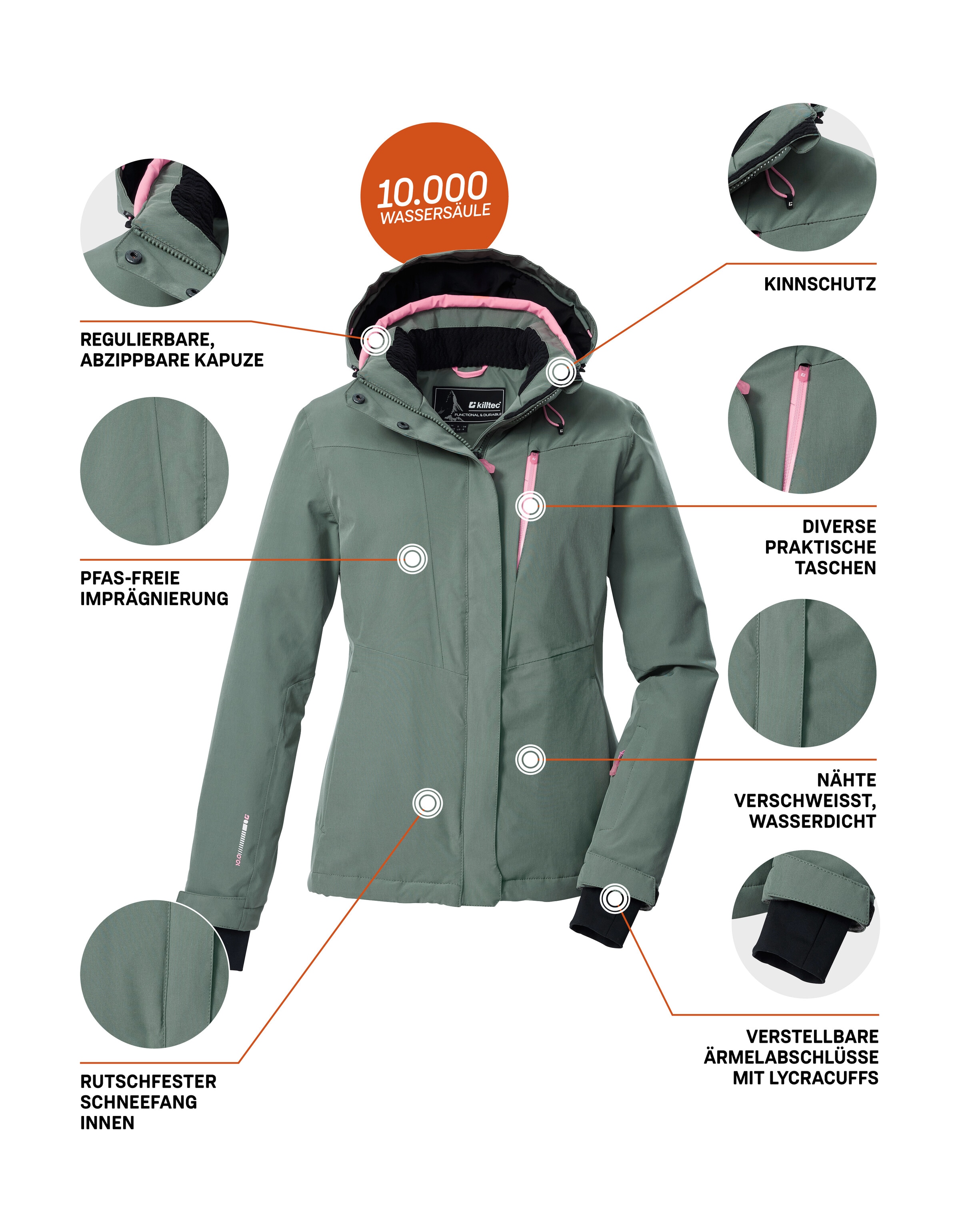 Killtec Skijacke »KSW 25 WMN SKI JCKT«, Atmungsaktive, wasserdichte Skijacke mit abnehmbarer Kapuze