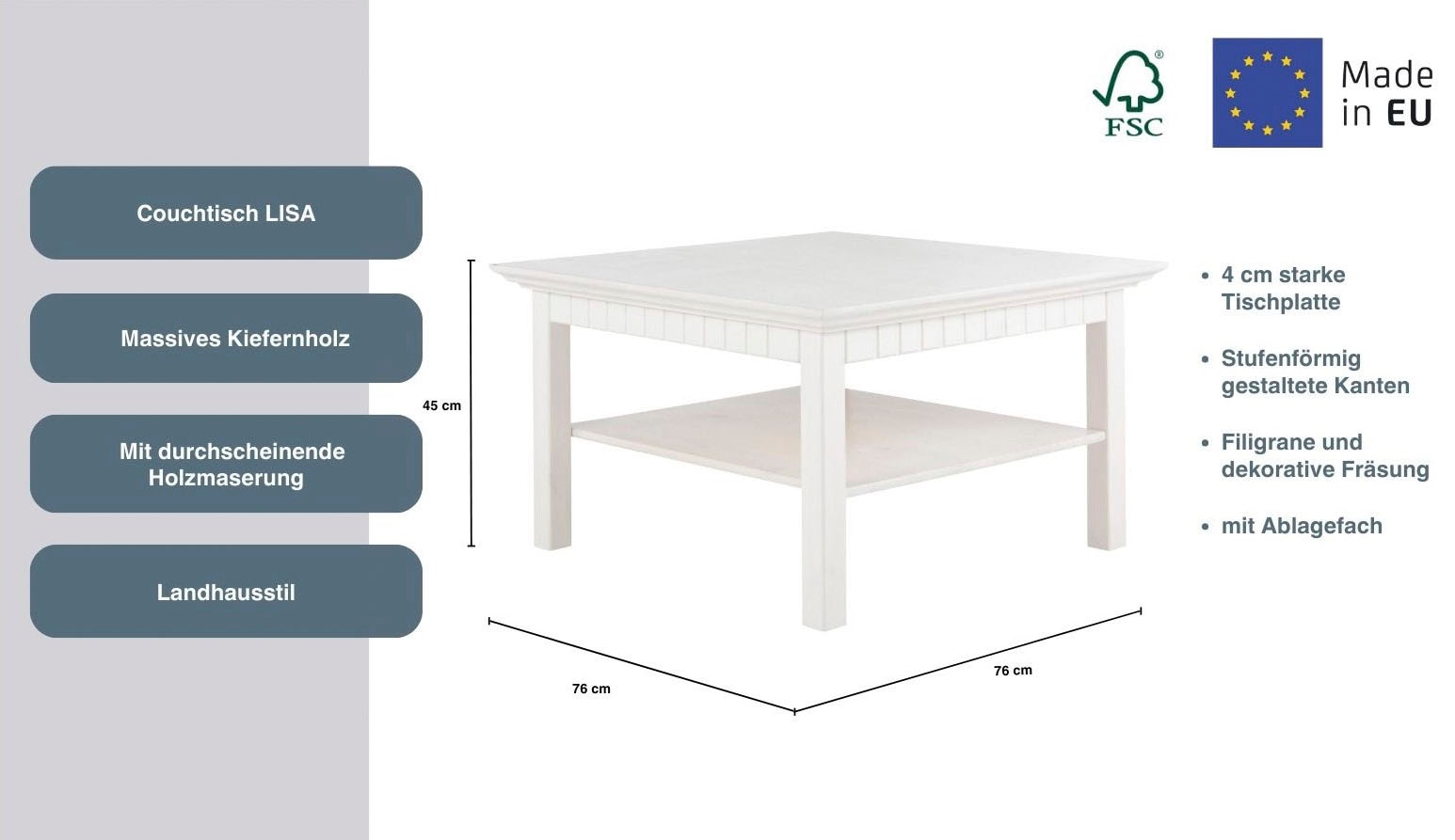 Home affaire Couchtisch »Lisa«, Kaffeetisch, massives Kiefernholz, B/T/H: 76x76x45 cm