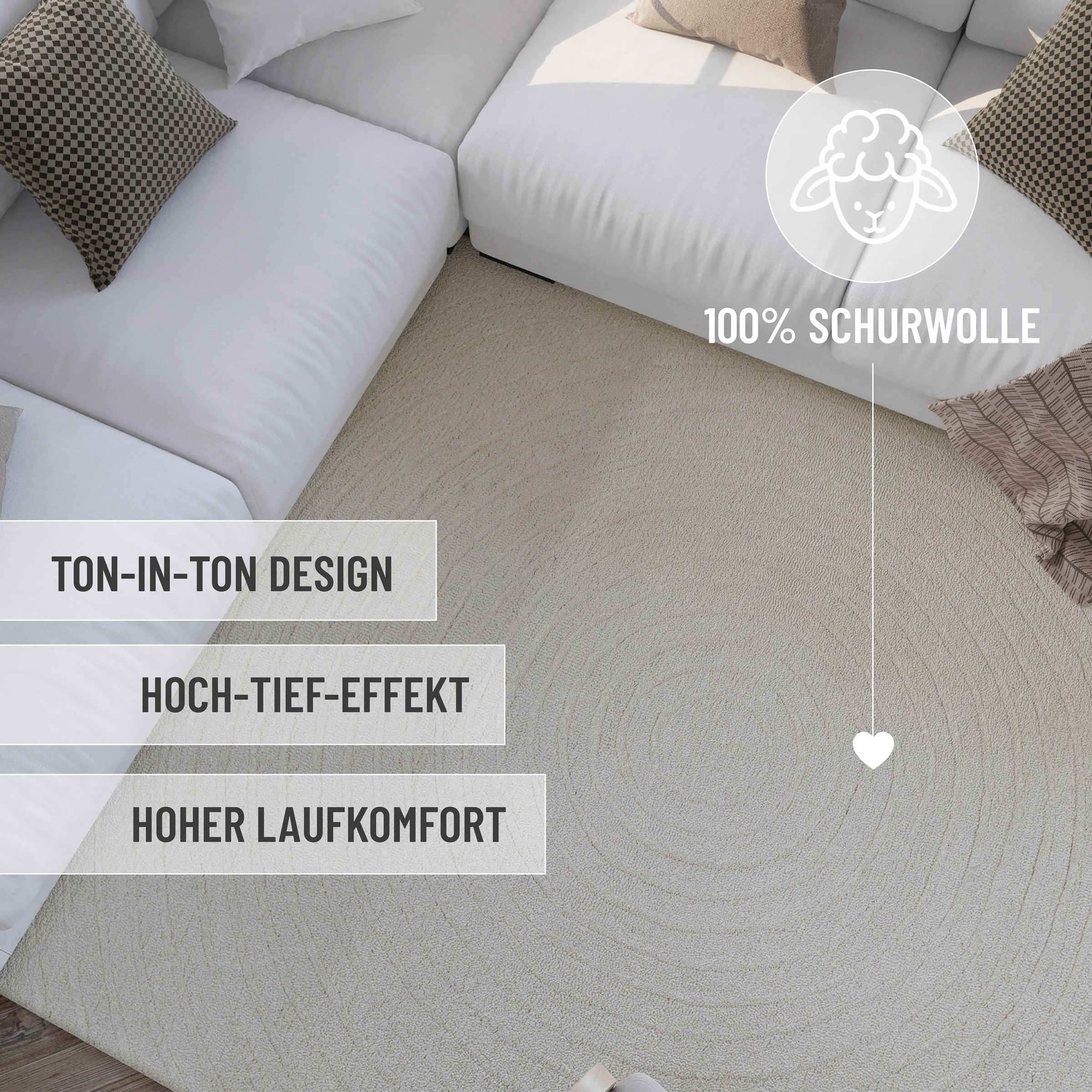 Wecon home Wollteppich »Hamptons NINETEEN«, rechteckig, 15 mm Höhe, Läufer, Schurwolle, Kurzflor, Wohn- & Schlafzimmer, Hoch-Tief-Effekt
