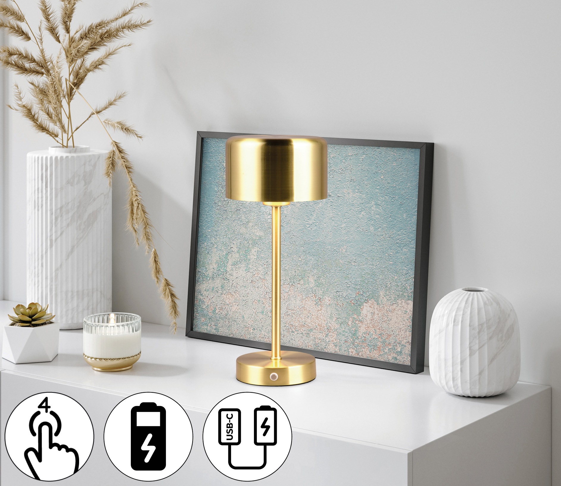 my home LED Tischleuchte »Kadira«, 1 flammig, Leuchtmittel LED-Board | LED fest integriert, Akku Tischlampe mit USB-C Anschluss, Touchdimmer 4 Stufen, Höhe 30cm