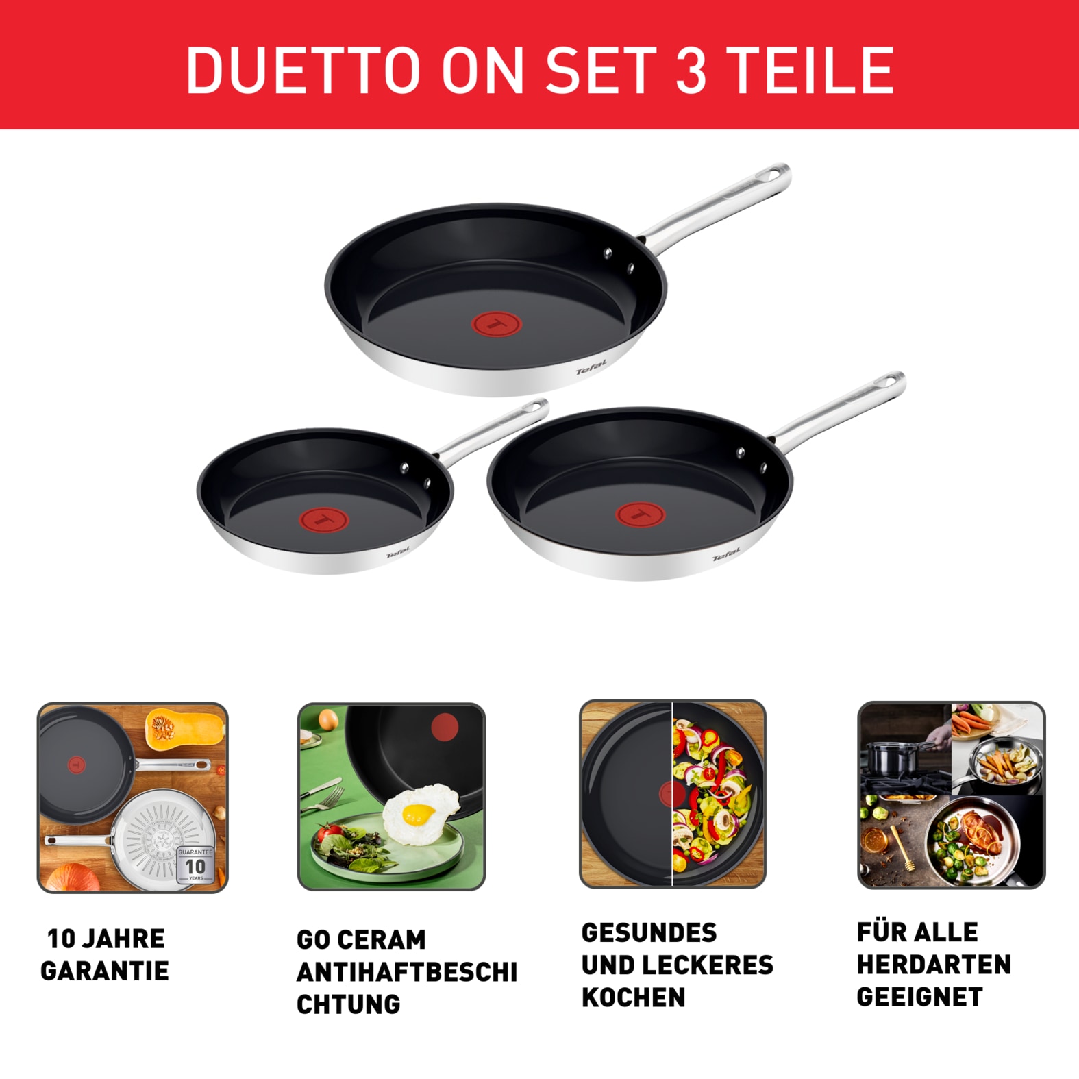 Tefal Pfannen-Set »Duetto On« Edelstahl Set, 3 Stk. tlg. Antihaftbeschichtung, Temperaturindikator Thermo-Signal, Induktion