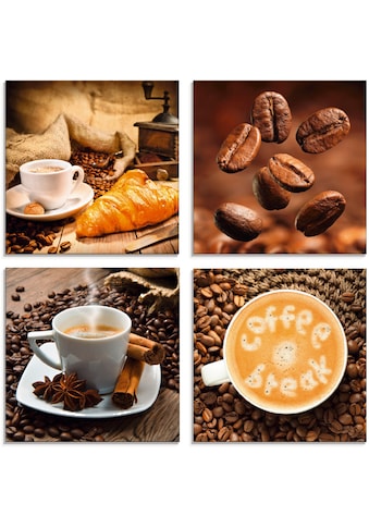 Glasbild »Kaffeetasse Croissant Kaffeebohnen«, Getränke, (4 St.)