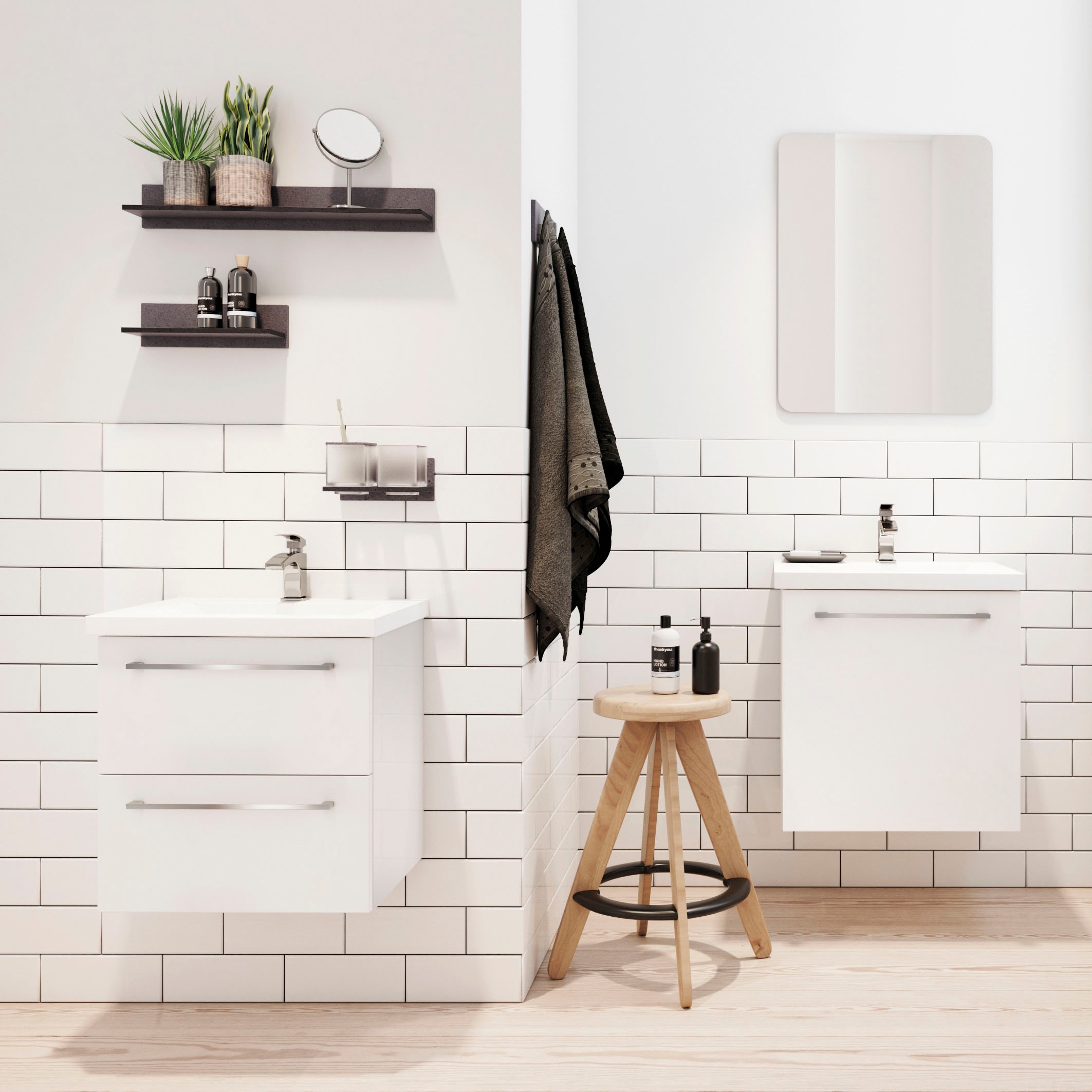 welltime Badezimmer-Set »Scandic«, (Komplett-Set, 2 St., 2-er set: Spiegel und Waschtisch mit 2 SK), 2in1 - Spiegel & Waschtisch mit Soft-Close, Keramikwaschbecken