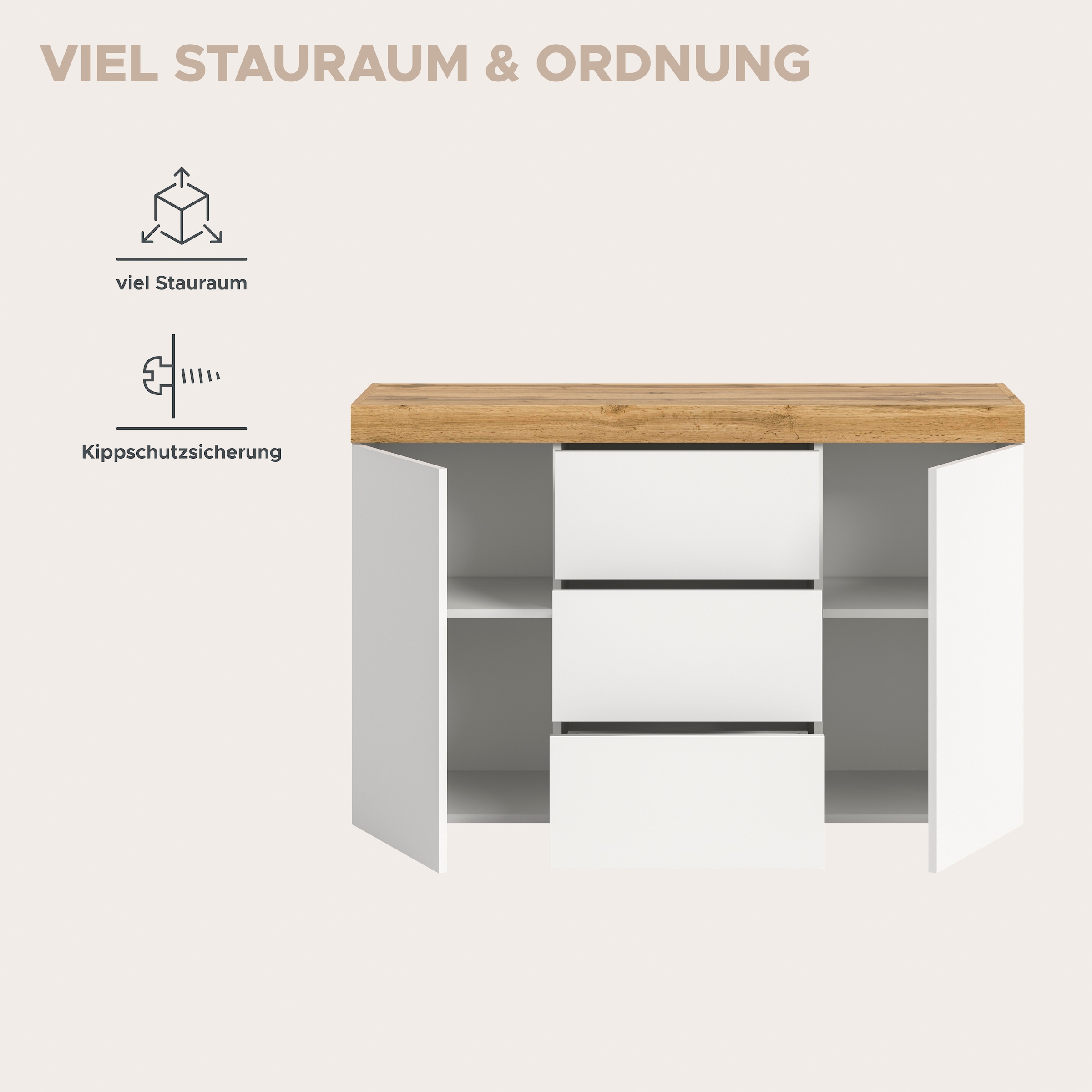 OTTO home Sideboard »MAMBO, TOPSELLER!, Breite 125cm, 2 Türen, 3 Schubkästen, push-2-open« 2 farbige Ausführung, in verschiedenen Farben erhältlich, 1 Stk. tlg. Sideboard, Kommode, Wohnzimmer, Flur, Arbeitszimmer