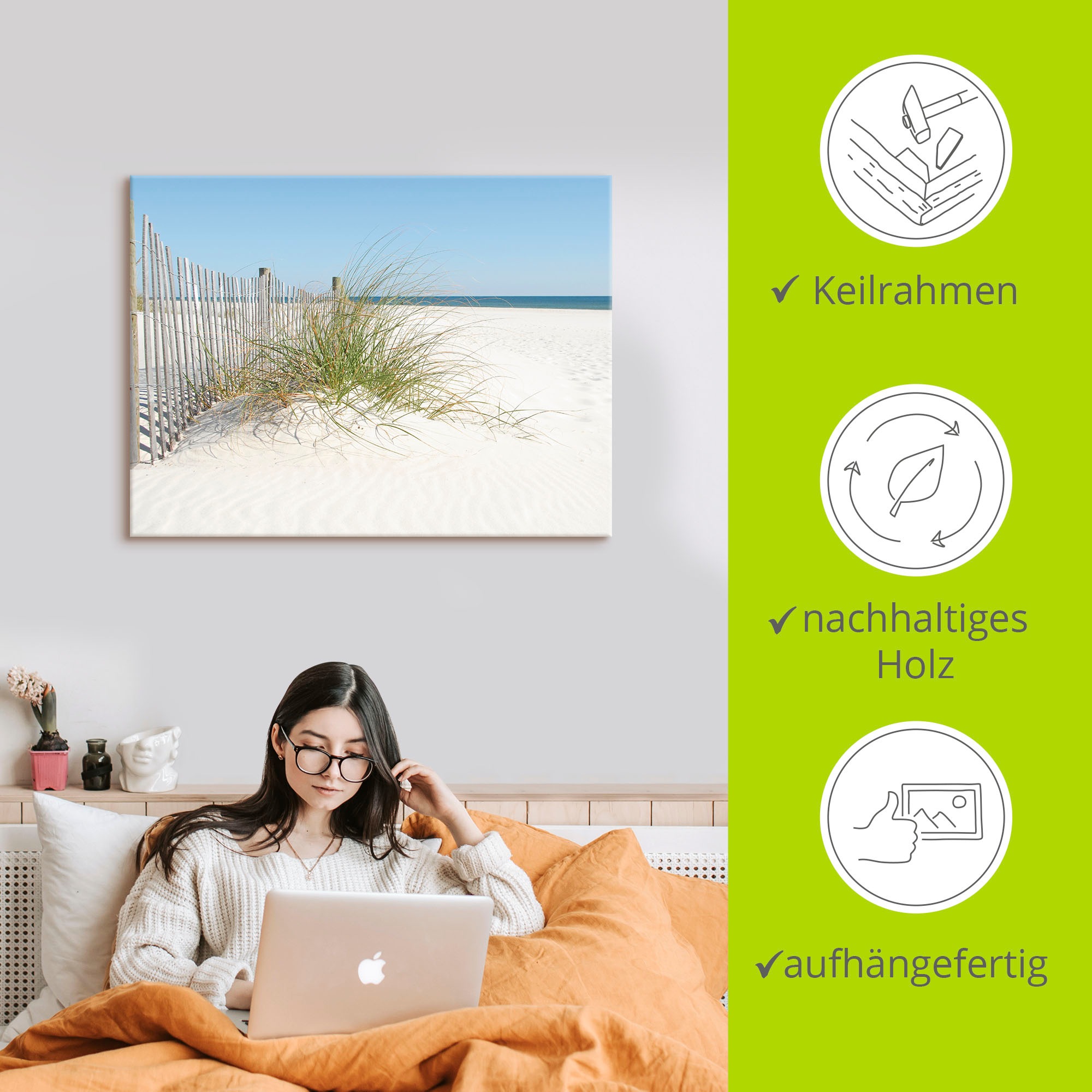 Artland Wandbild »Schöne Sanddüne mit Gräsern und Zaun« Strand 1 Stk. tlg. als Leinwandbild, Poster in verschied. Größen