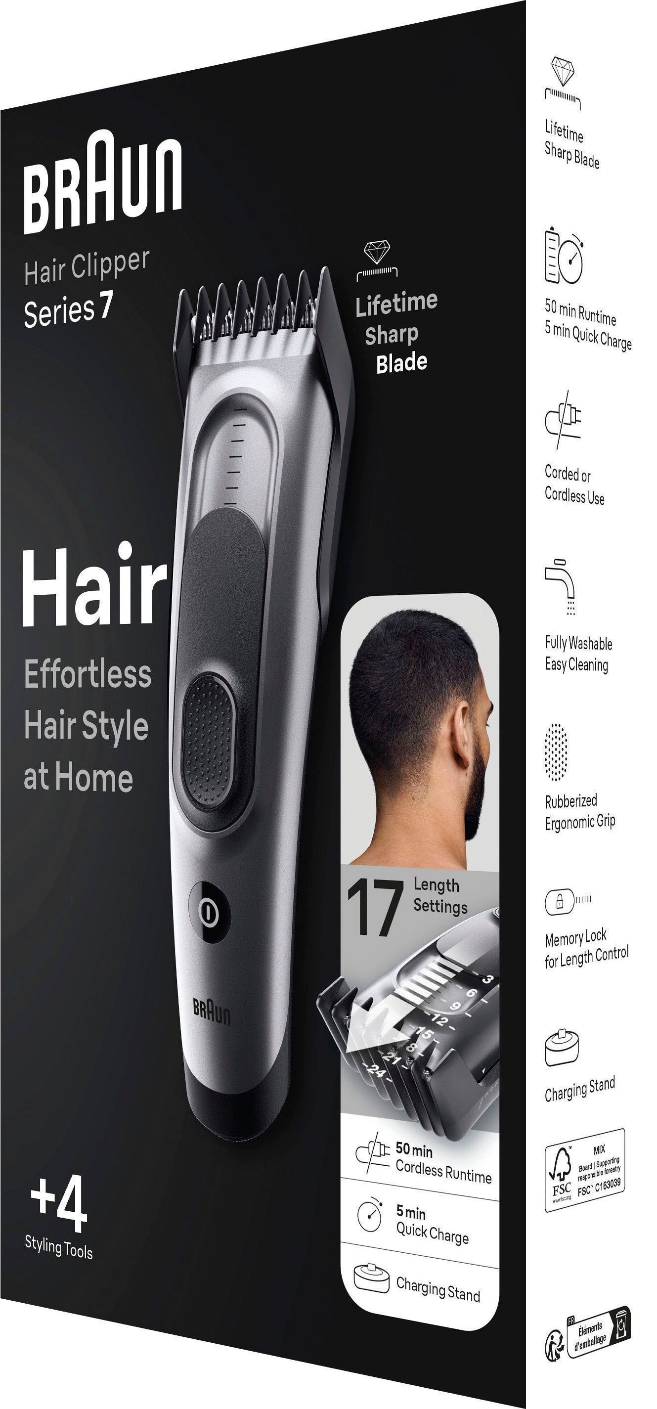 Braun Haarschneider »Haarschneider HC7390«, 2 Aufsätze, 17 Längeneinstellungen, Abwaschbar