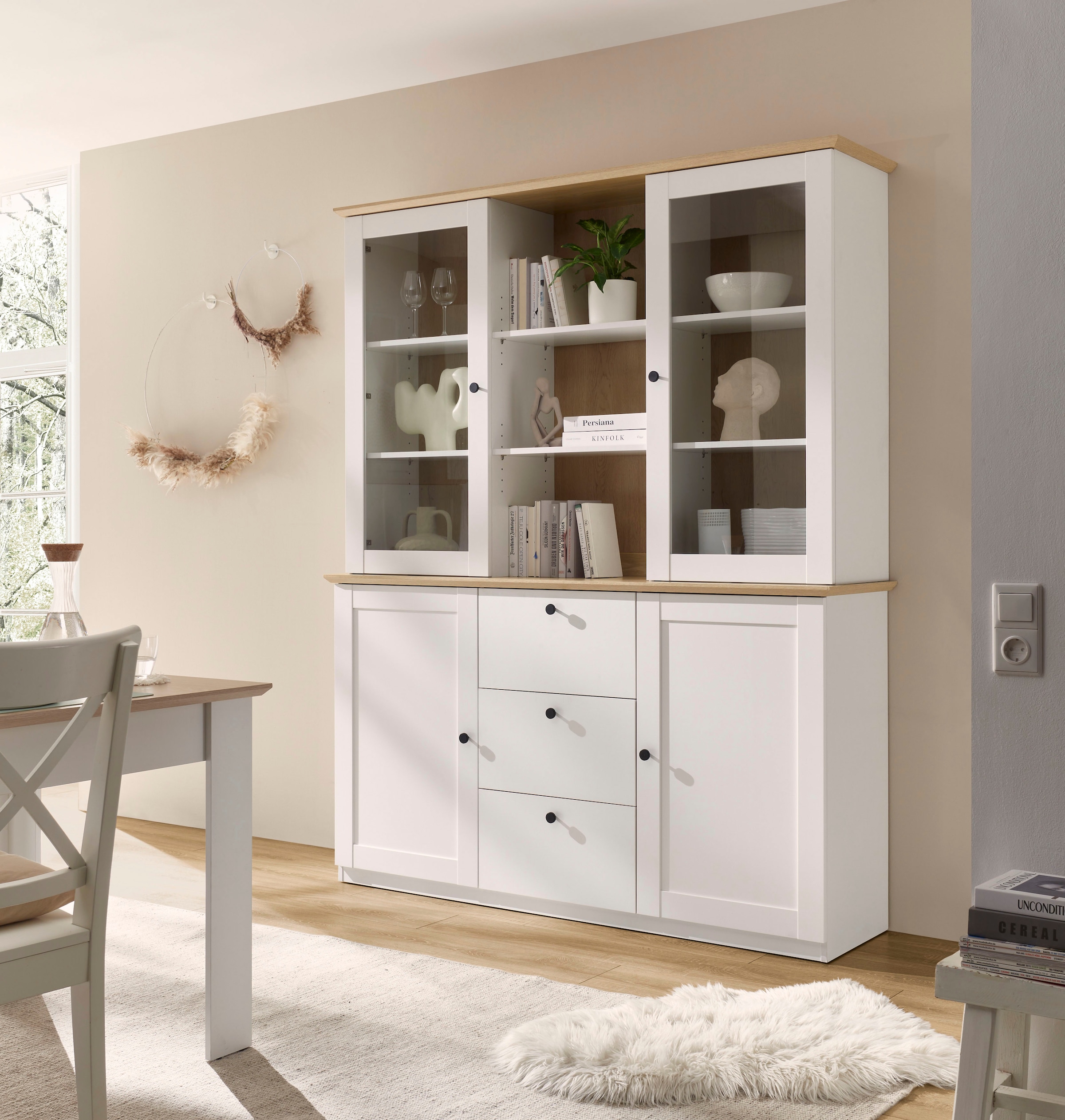 OTTO home Buffet »Brest, Hochschrank im Landhausstil, Schrank, Küchenschrank« schwarze Metallgriffe, viel Stauraum, Glastüren, 164 cm breit