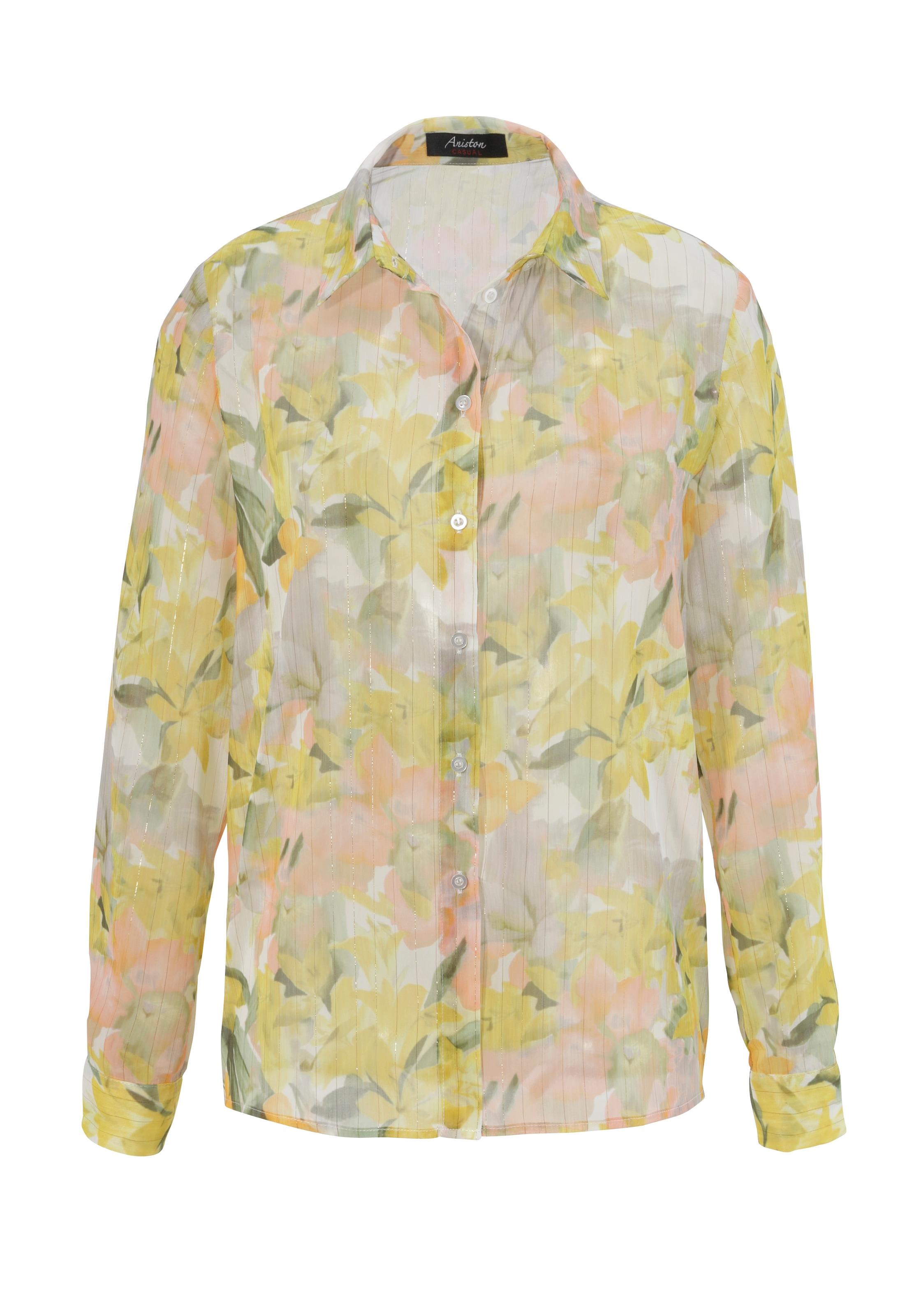 Aniston CASUAL Hemdbluse, zarter Blumendruck mit goldfarbenen  Glitzerstreifen bei ♕