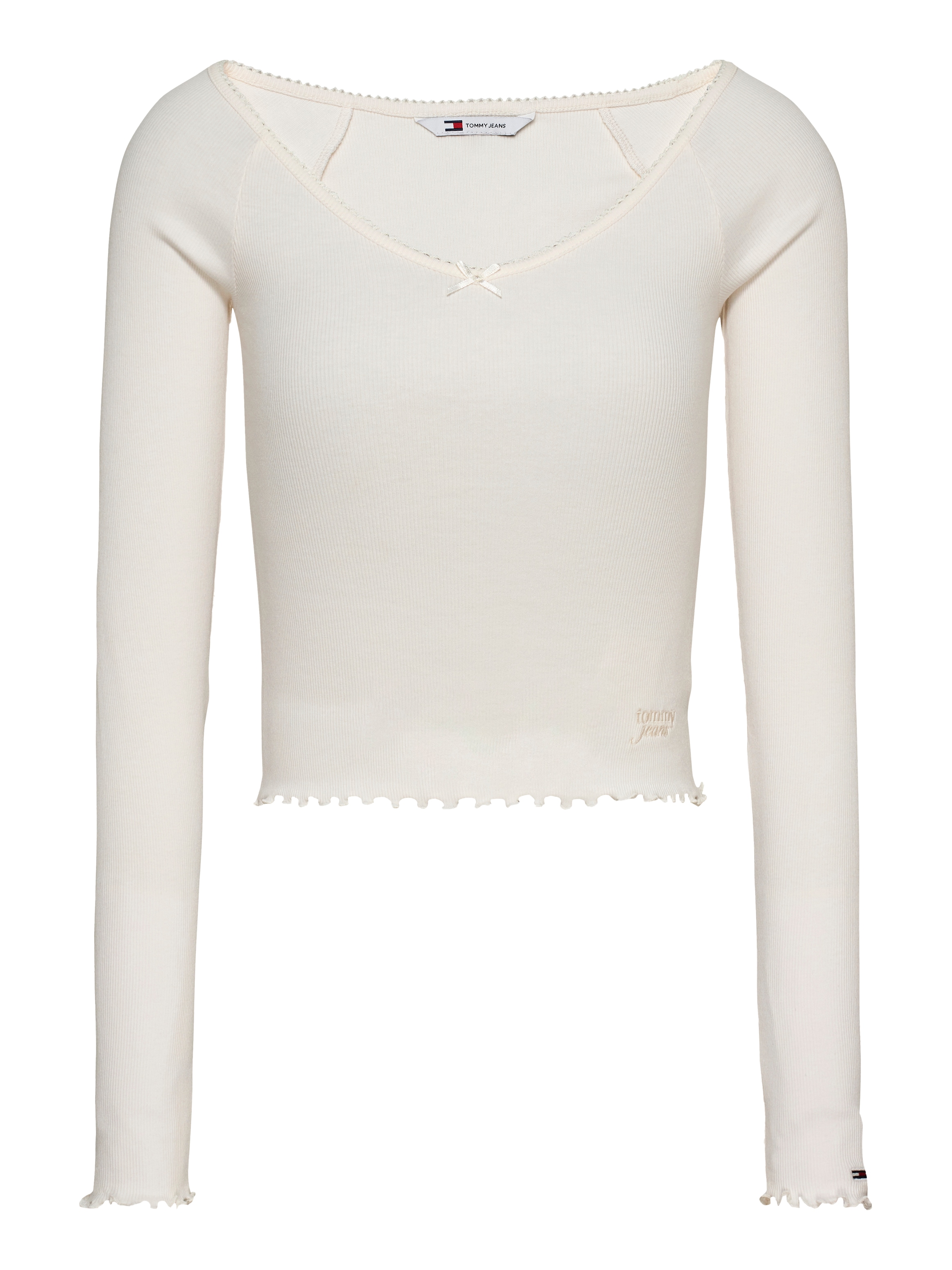 Tommy Jeans Langarmshirt »TJW SLIM VNECK GMD RIB LS«, mit Schleifendetail, Babylock-Saum