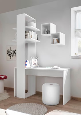 platzsparendes Büromöbel-Set in Weiß mit Regalwürfeln und Regal