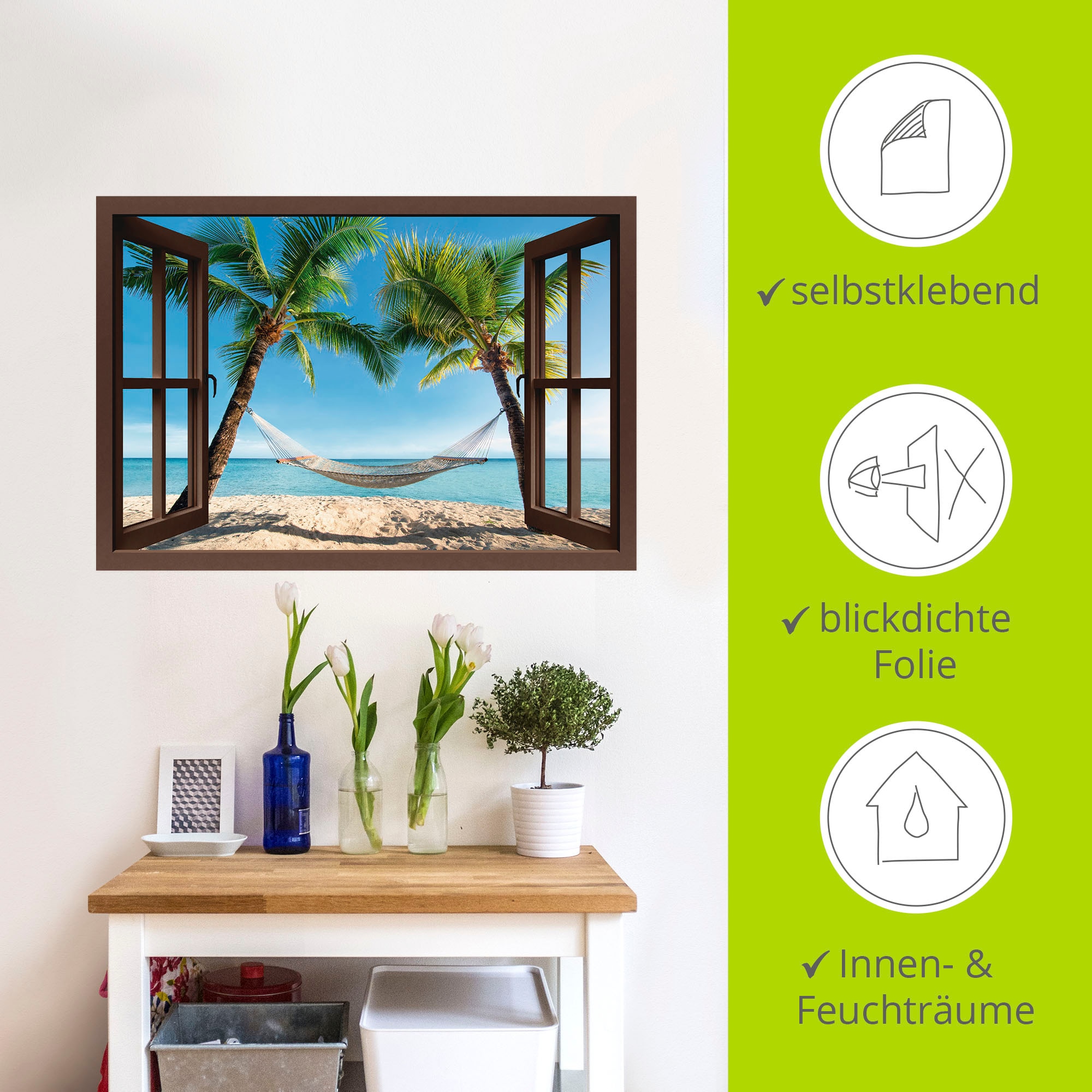 Artland Wandbild »Fensterblick Palmenstrand Karibik«, Amerika, (1 St.), als Leinwandbild, Poster, Wandaufkleber in verschied. Größen