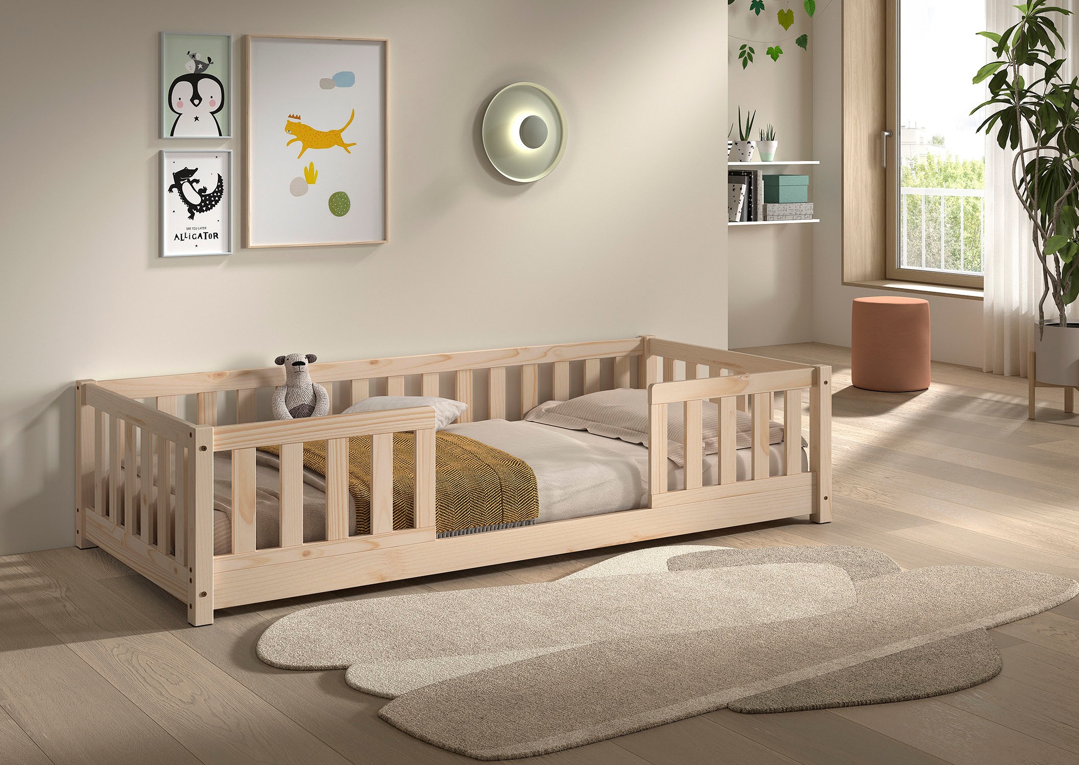 Vipack Kinderbett »Dallas, massiv Bett, Rausfallschutz, umbaubar vom Boden- zum Daybett« inkl. Rolllattenrost und Sprossenumrandung, 90 oder 140x200 cm breit,  stabil und standfest gebaut, wahlweise Kiefer massiv natur oder weiß