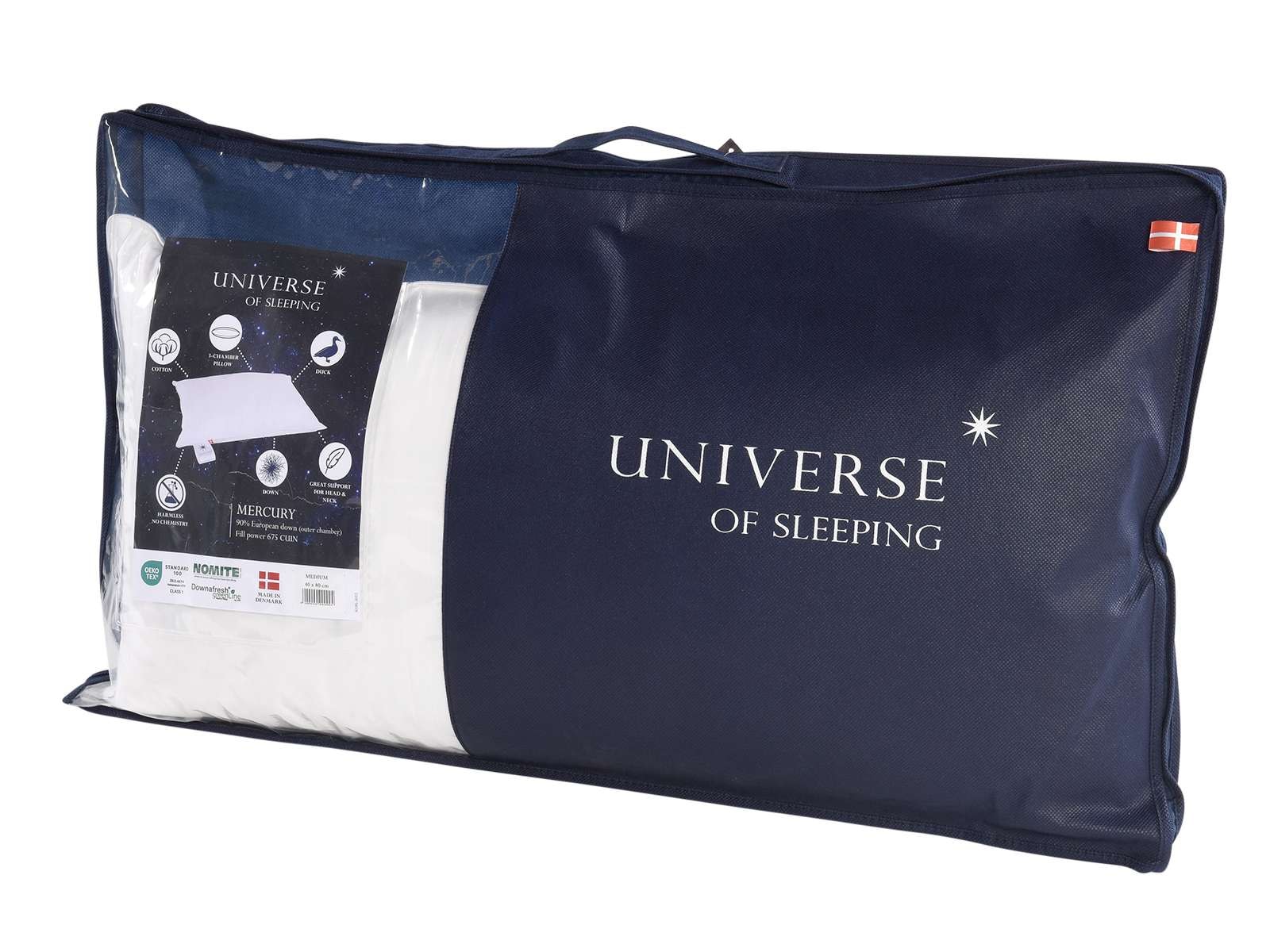Universe of sleeping 3-Kammer-Kopfkissen »Mercury 3-Kammer Kopfkissen, 90% Daunenfüllung, natürliche Materialien«, Füllung: 90% Entendaunen/10% Federn im AuÎ²enkammer, (1 St.), Hochwertige Kissen, 40x80 cm. in Medium Höhe, Made in Denmark
