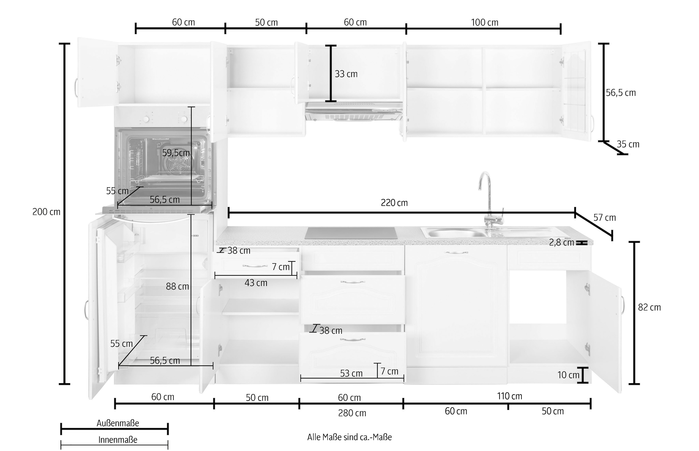 wiho Küchen Küchenzeile »Linz«, ohne E-Geräte, Breite 280 cm auf Rechnung  bestellen