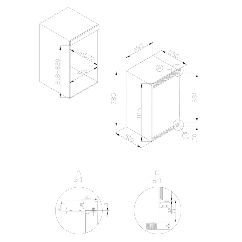 Amica Einbaukühlschrank, UKS 16147, 81,5 cm hoch, 49,5 cm breit