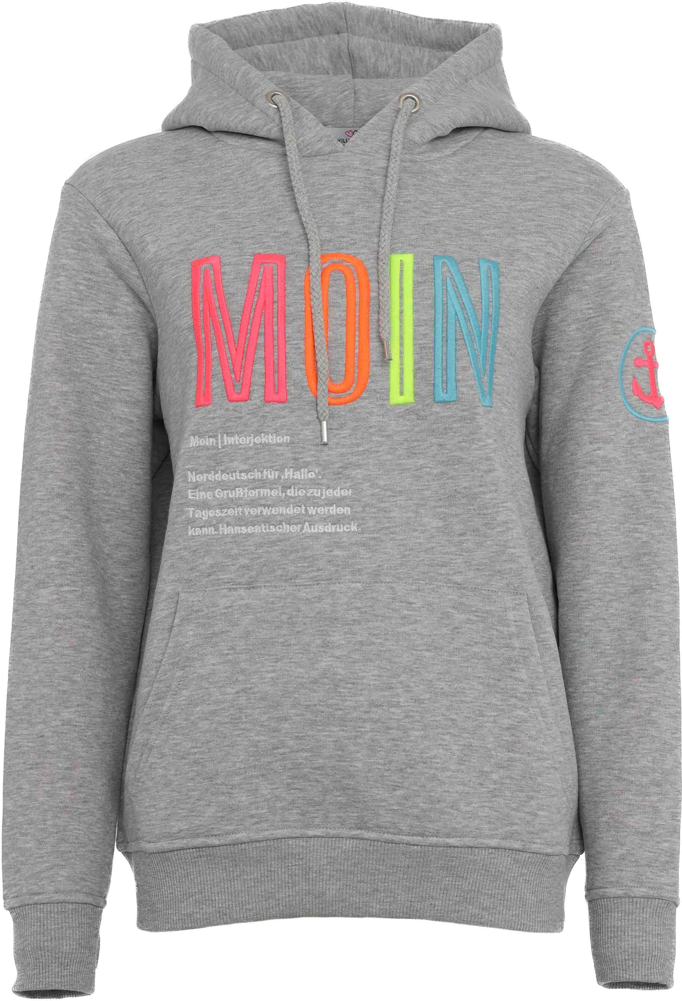 Zwillingsherz Sweat-Hoodie, mit aufgesticktem "MOIN"-Schriftzug in Neonfarben