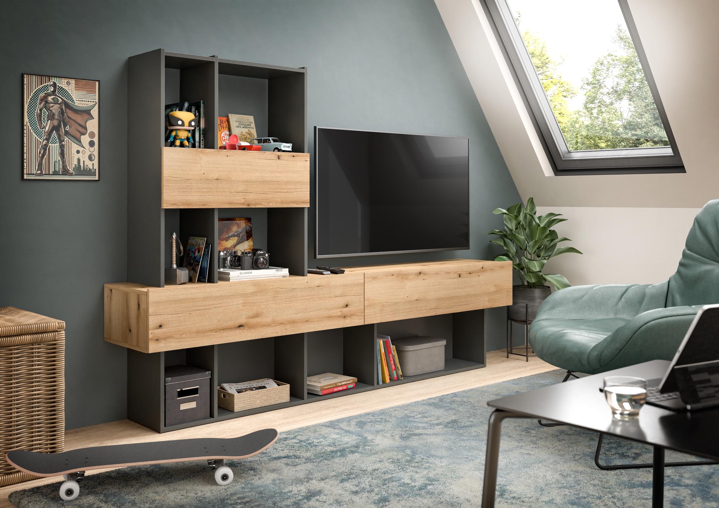 INOSIGN Wohnwand »Tyson, Breite 210 cm, besteht aus: Lowboard und Aufsatzregal«, TV-Board, TV-Möbel, Media-Möbel, Fernsehschrank
