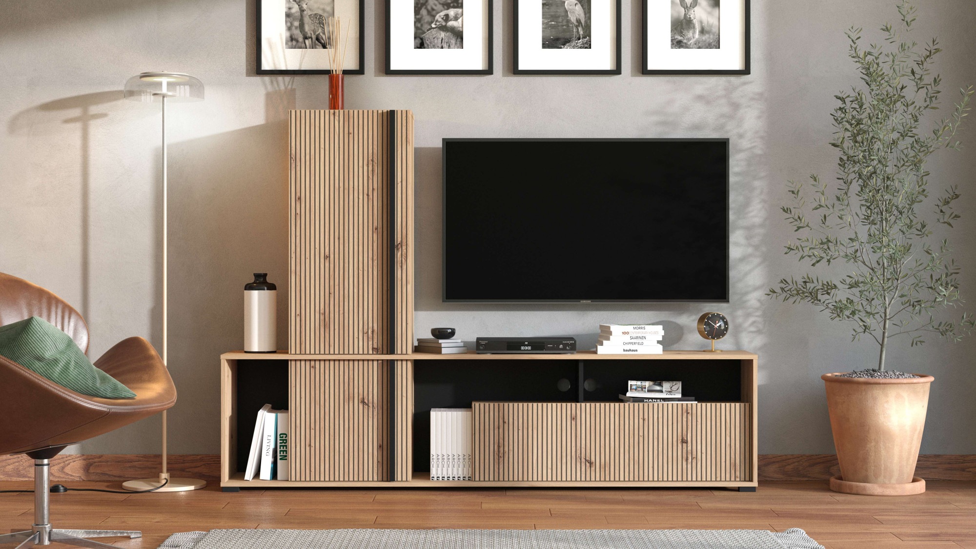 INOSIGN Wohnwand »Chania, 195 cm, inkl. TV Board und Highboard«, (Komplett-Set, 2 St.), Trendfarben, mit dekorativen schwarzen Streifen, in Artisan Eiche