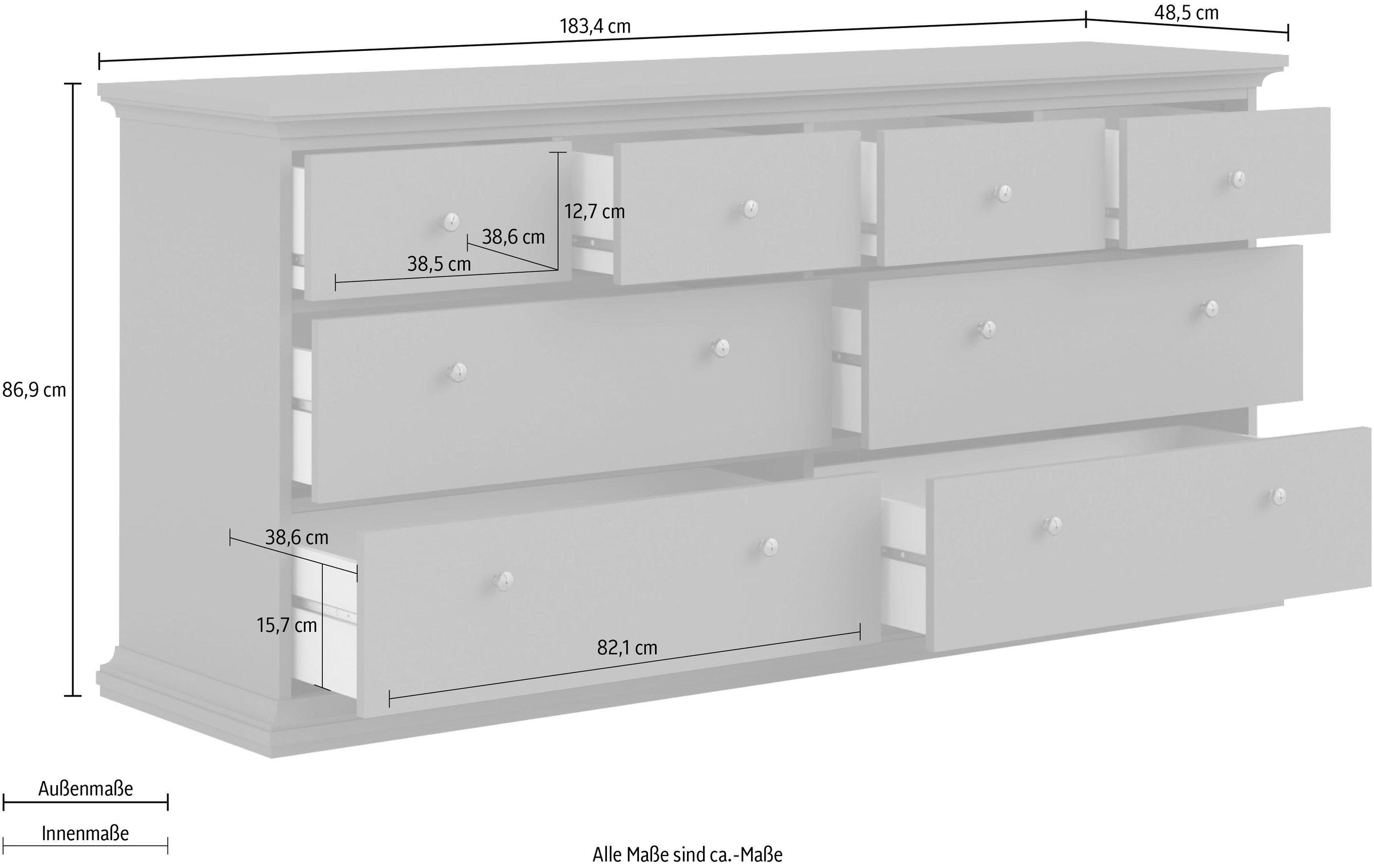 Home affaire Kommode »Paris«, mit acht Schuladen, mit vielen Stauraummöglichkeiten, Breite 183 cm