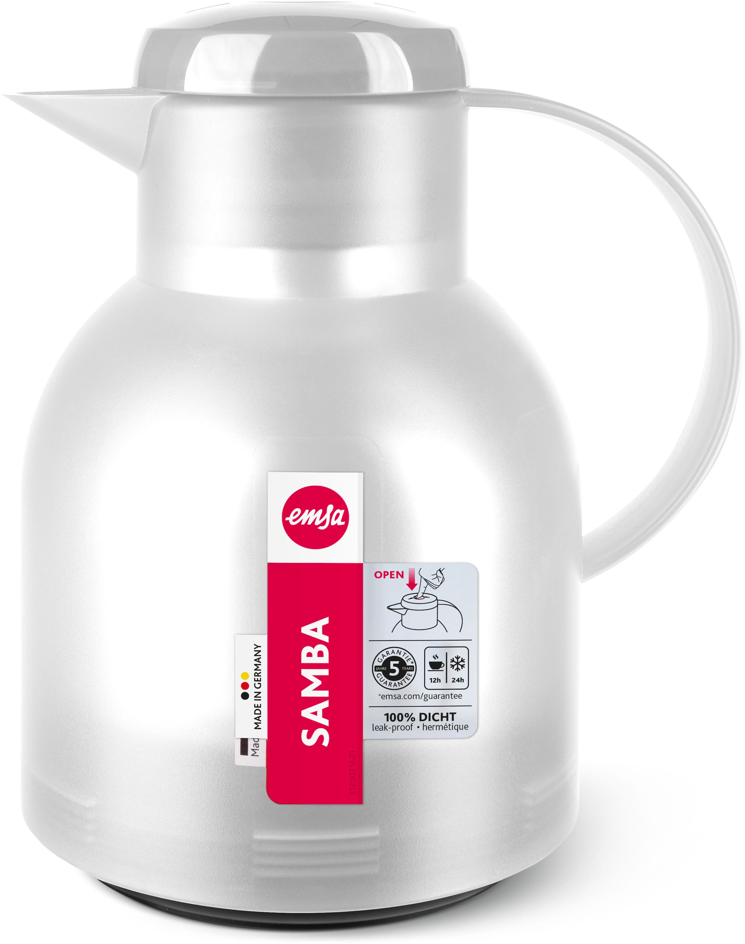 Emsa Isolierkanne »Samba« 1 l zeitloses Design, einfacher Knopfdruck, 24h kalt, 12h warm