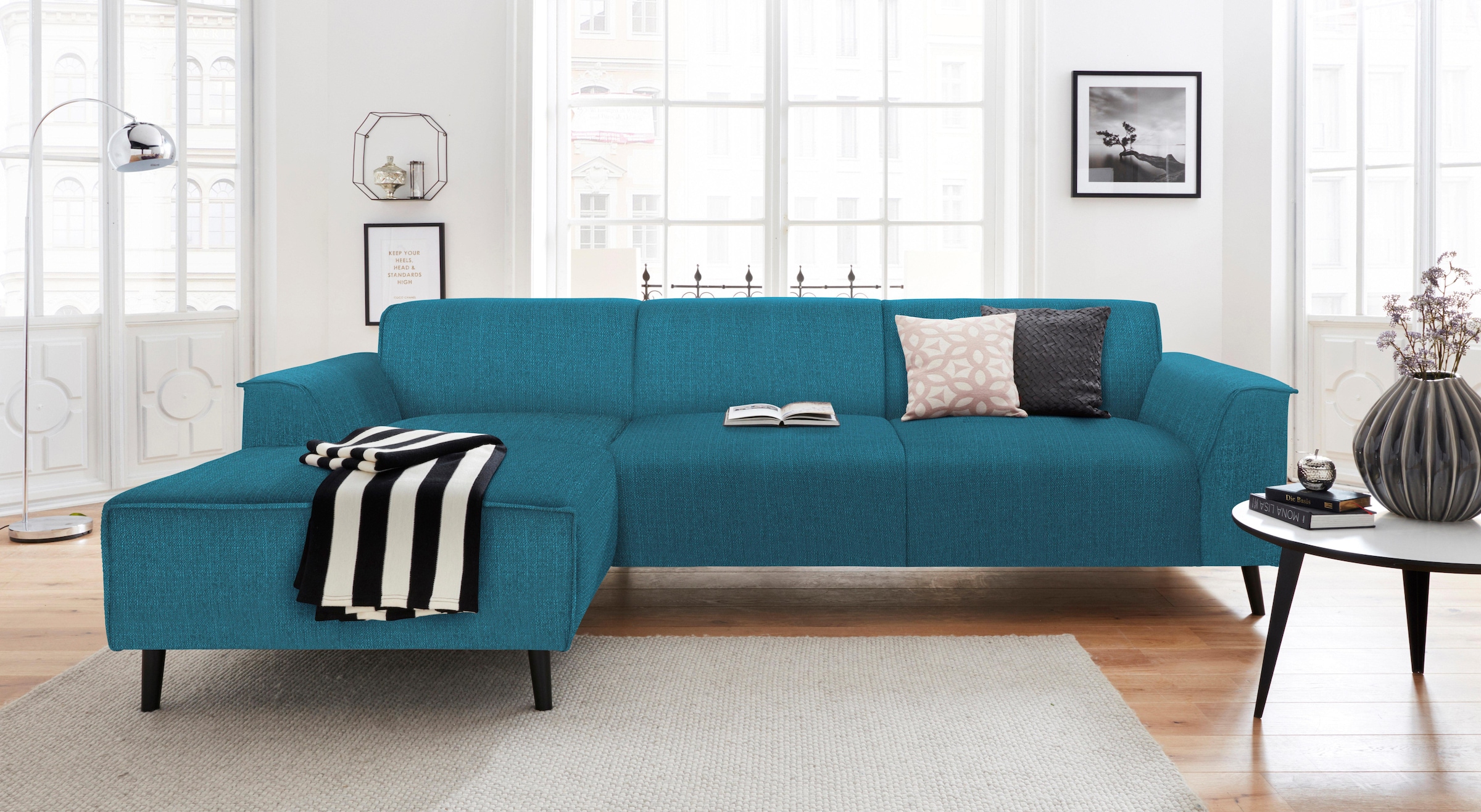 DOMO collection Ecksofa »Amora, inklusive komfortablem Federkern für mehr Sitzkomfort, L-Form«, mit Recamiere, zeitlos und elegant, Komfortsitzhöhe 47cm