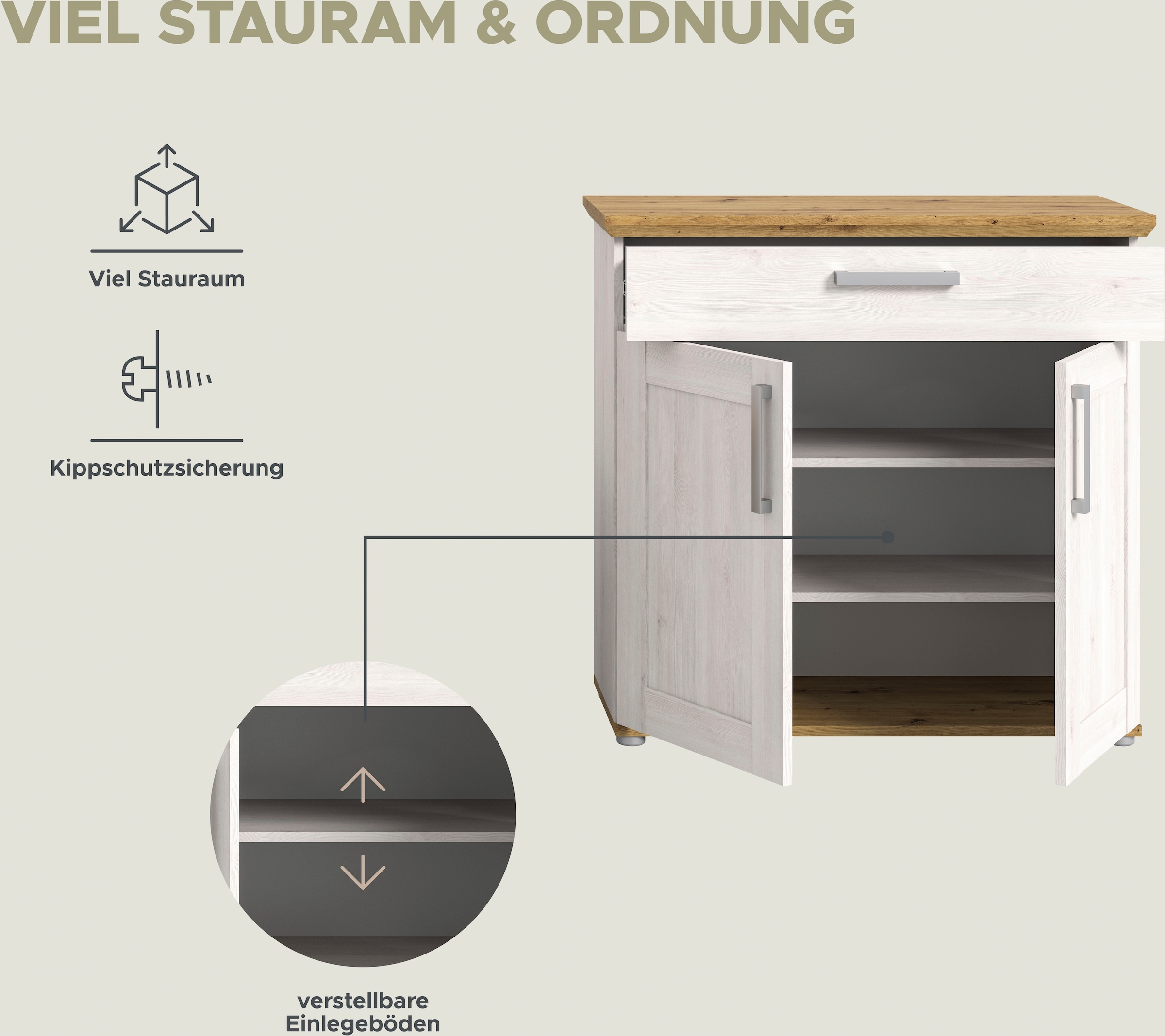 Home affaire Garderoben-Set »COSENZA, TOPSELLER!, Breite ca. 190 cm, 4-teilig, in Landhausoptik«, (4 St., bestehend aus: Sitzbank, Garderobenpaneel, Schuhschrank, Spiegel), Garderobenkombination, Kombination, Diele, Garderobe, Garderobenmöbel