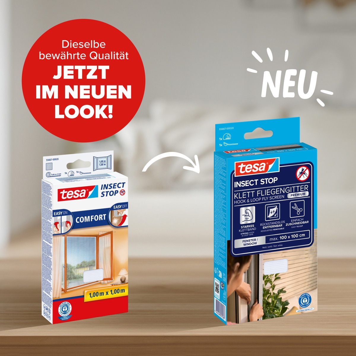 tesa Fliegengitter-Gewebe »Klett Fliegengitter Premium für Fenster, Insektenschutz mit Klettband« Packung, Fliegennetz, Klettband, Andrück und Schneidehilfe, 1 Stk. tlg. selbstklebende Insektenschutz - 100 cm x 100 cm