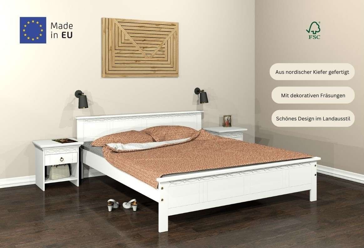 Home affaire Massivholzbett »Indra, TOPSELLER, Landhausstil, edles Design,zertifiziertes Massivholz«, (Breite/Belastbarkeit 180cm/220 KG, 140cm/180 KG, 90cm/120 KG), mit dekorativen Fräsungen, in 2 Breiten und Farben