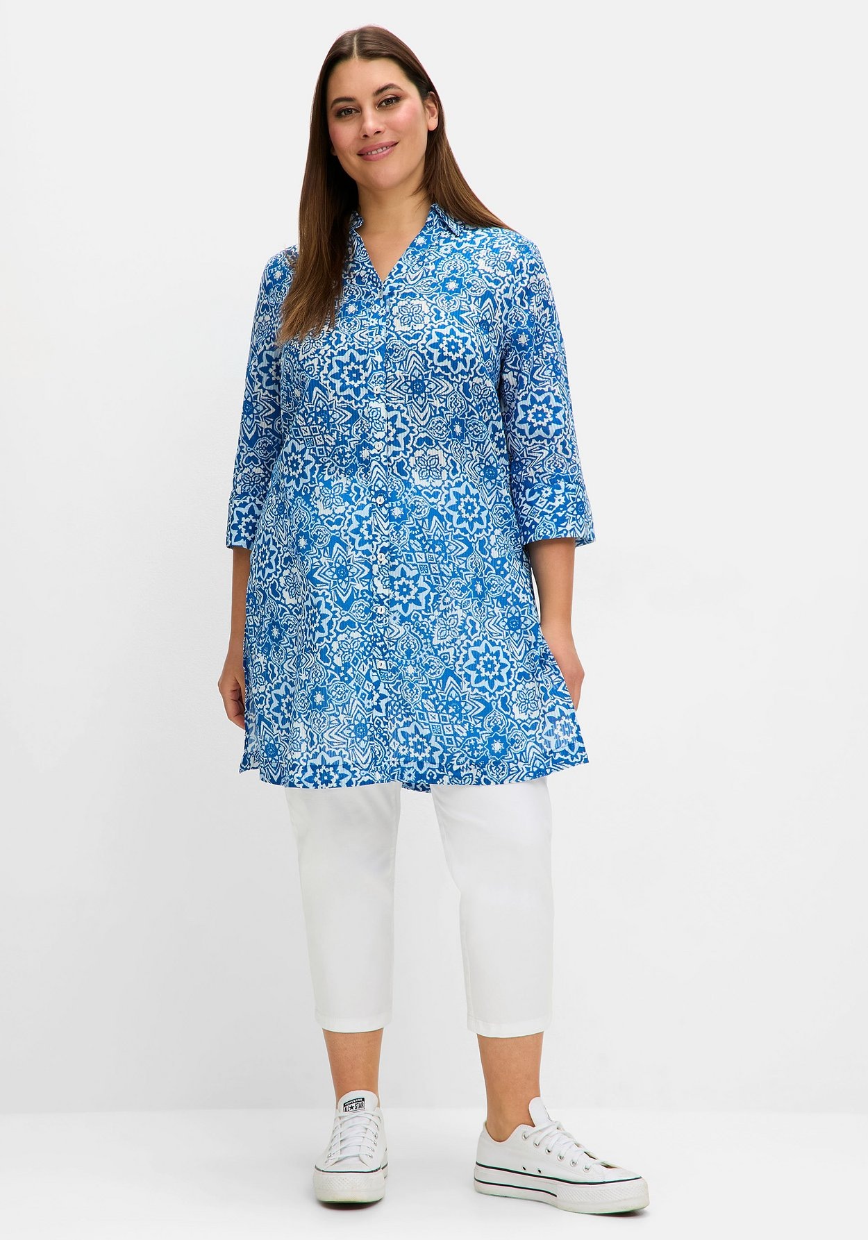 Sheego Hemdbluse »Longbluse mit Blätterdruck, aus Baumwolle«
