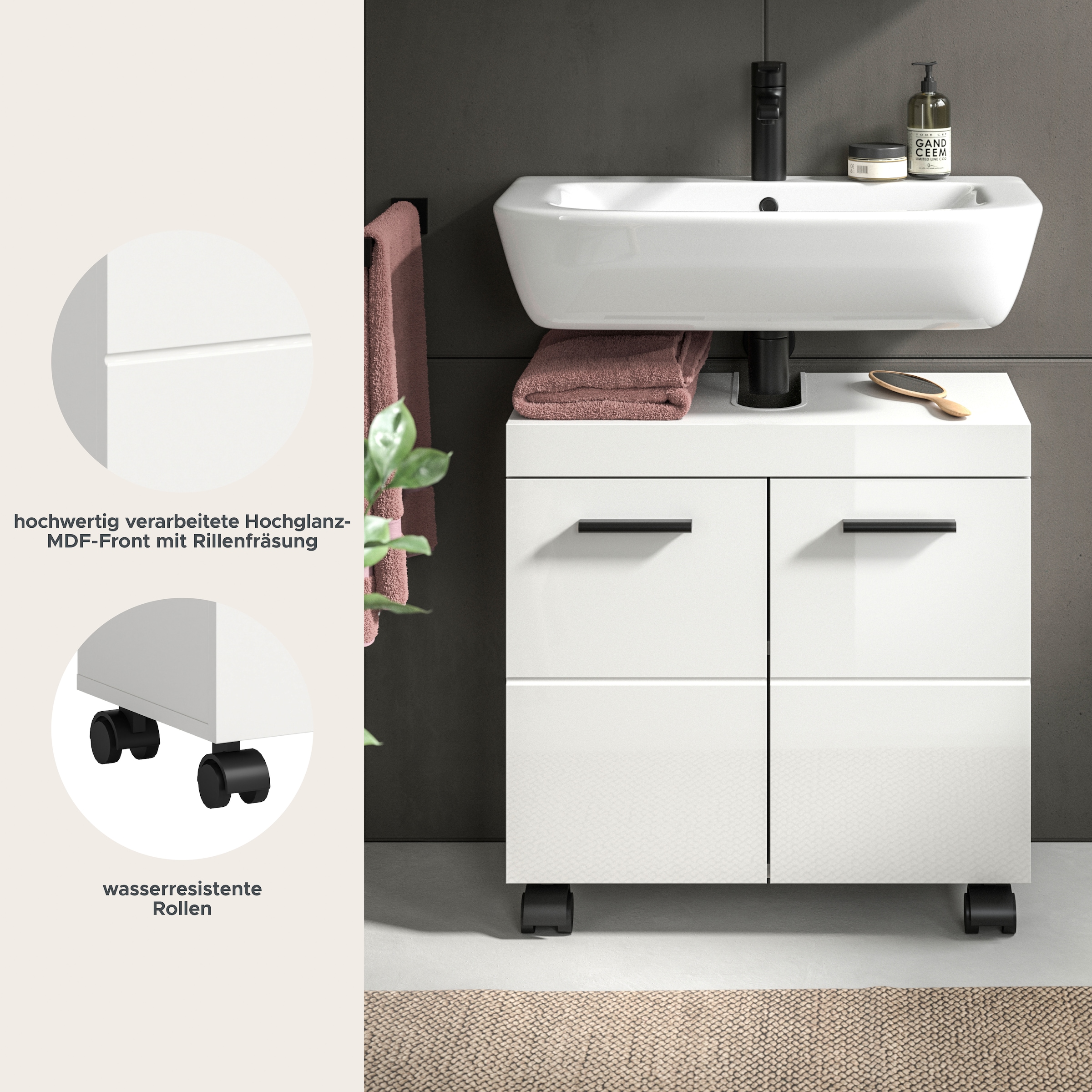welltime Waschbeckenunterschrank »AVON, Breite 60 cm, 2 Türen, 1 Einlegboden, 2 Fächer« mit Siphonausschnitt 22x8 cm, Rückwand mit Ausschitt,  Badmöbel, Badschrank, Unterschrank, Waschtisch, Kommode, Bad